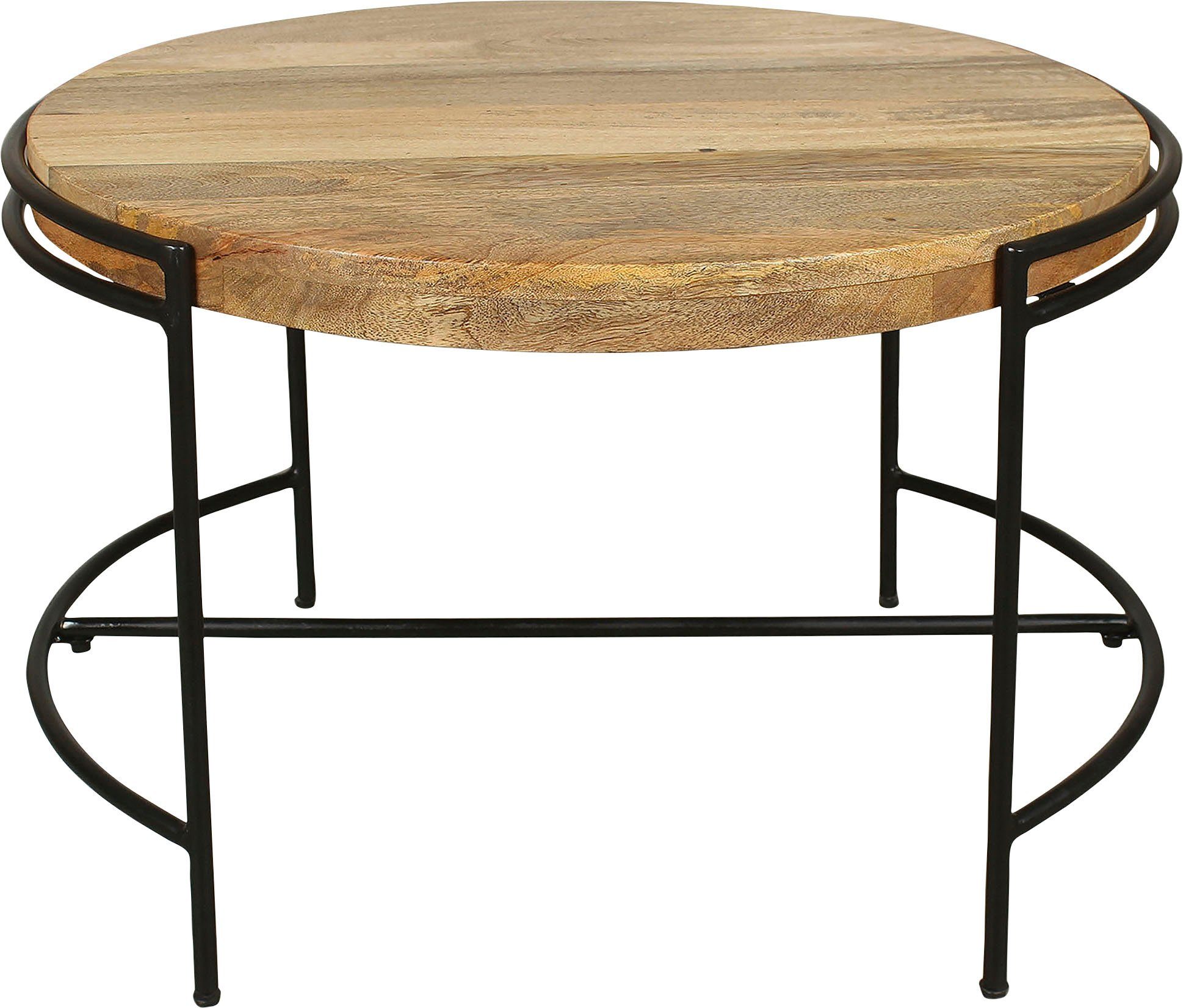 byLIVING Salontafel Hanna massief mango tafelblad 35 mm en zwarte metalen poten, rond 60 cm