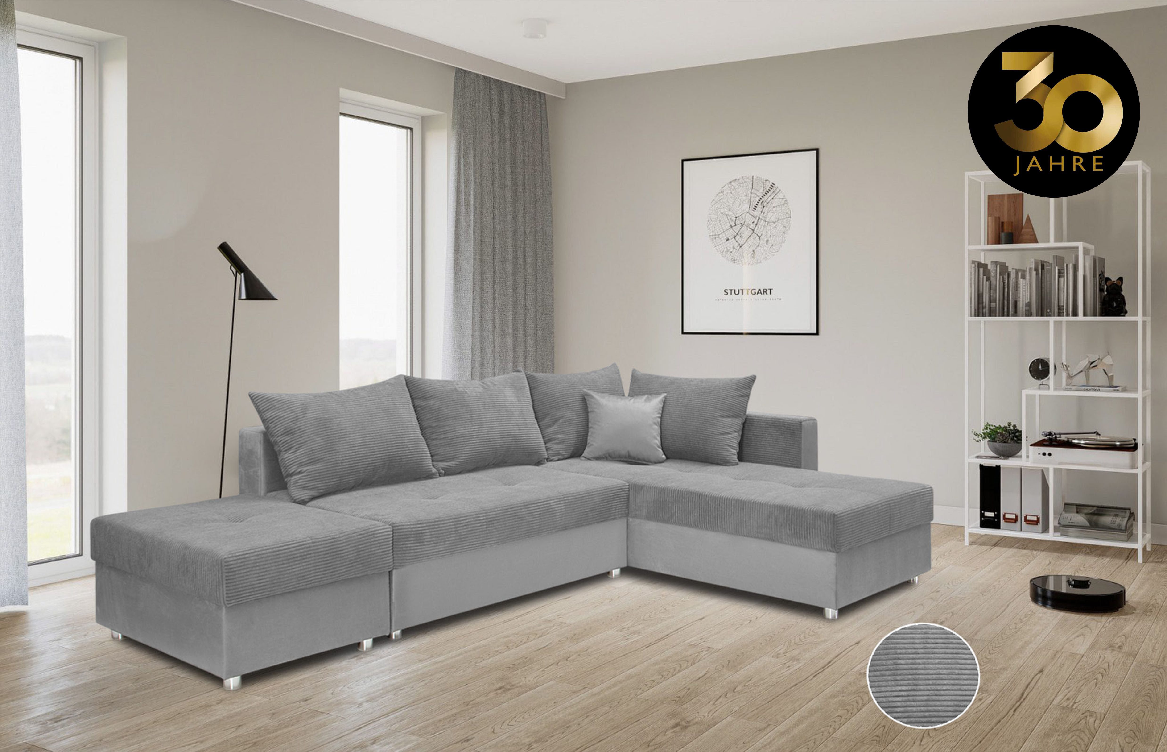 COLLECTION AB Hoekbank Italia L-vorm met slaapbank functie en bedbox, in mix van fluweel en ribfluweel