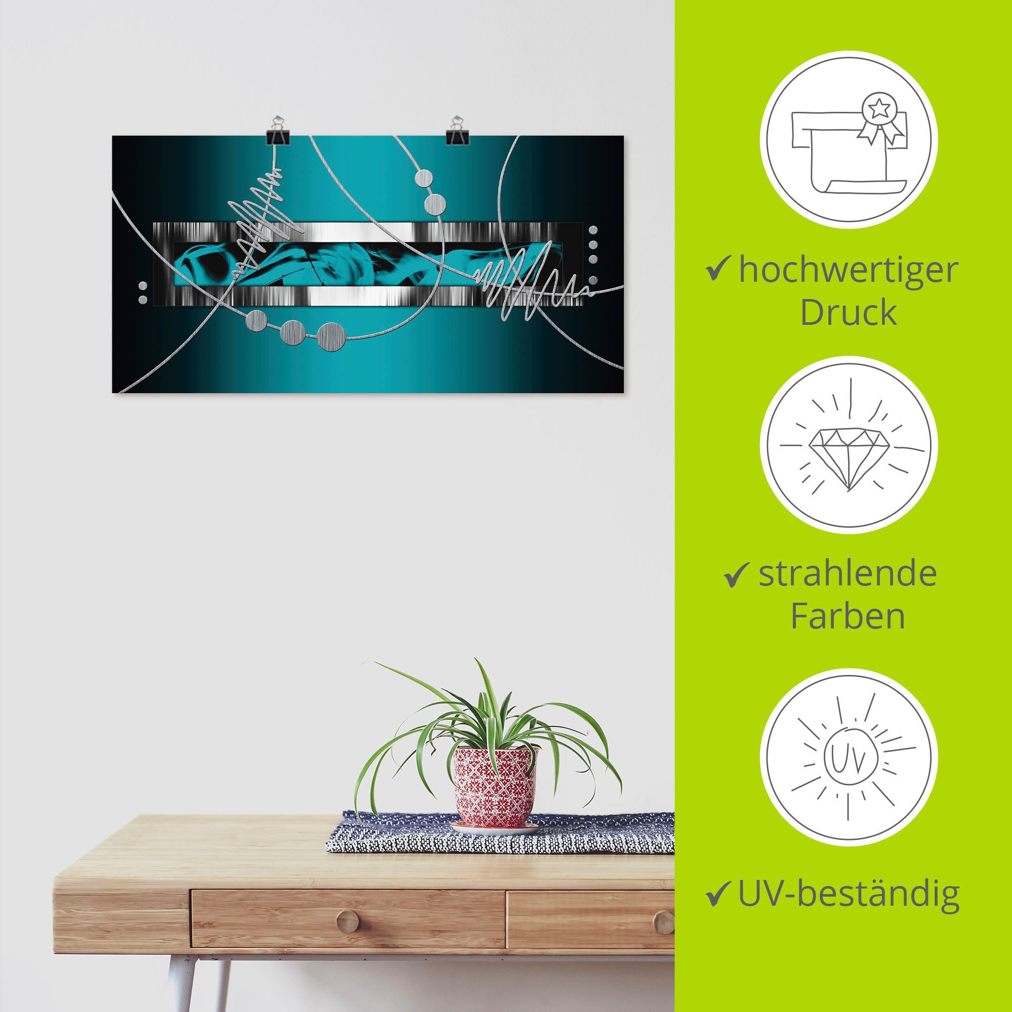 Artland Artprint Zilverkleur abstract op petrol als artprint van aluminium, artprint voor buiten, artprint op linnen, poster, muursticker