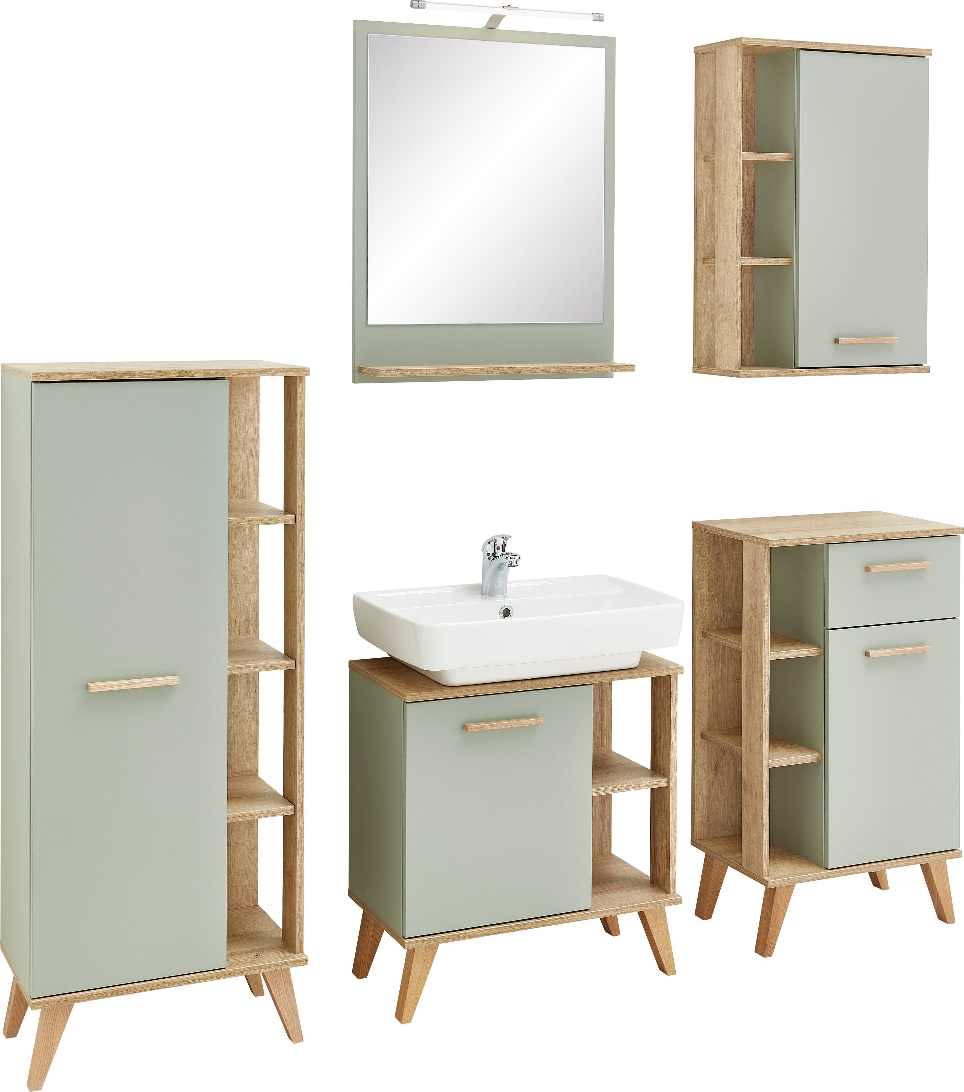 PELIPAL Badkamerserie Quickset 963 van spiegel, midi-, onder-, hang- en wastafelonderkast, houten handvat, deurdemper (5 stuks)