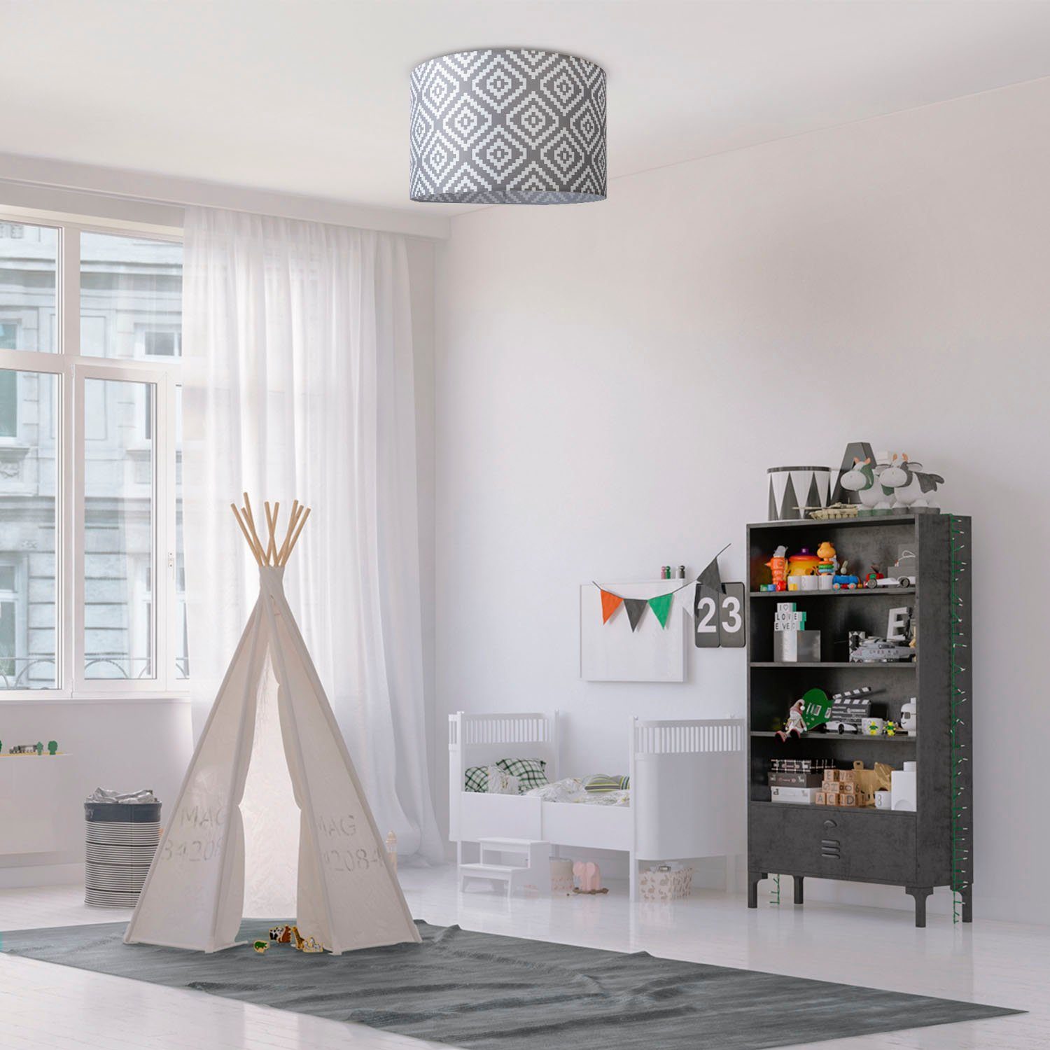 Paco Home Plafondlamp Hugo Stella Stoff lampenkap vintage woonkamerlamp rond retro ontwerp textiel