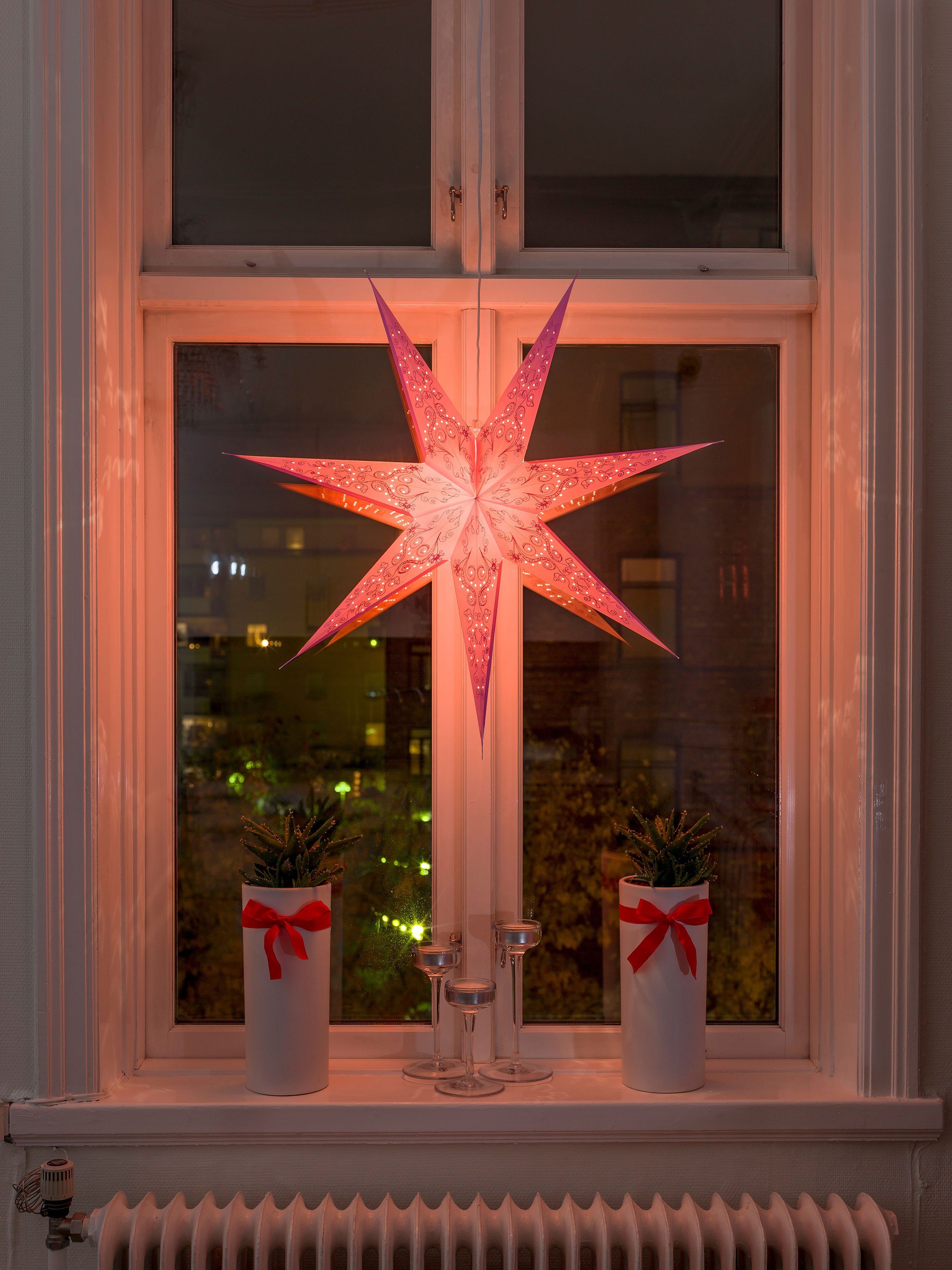 KONSTSMIDE Sierster Kerstster, kerstversiering Papieren ster, led ster, geperforeerd en pink geborduurd, 7 punten (1 stuk)