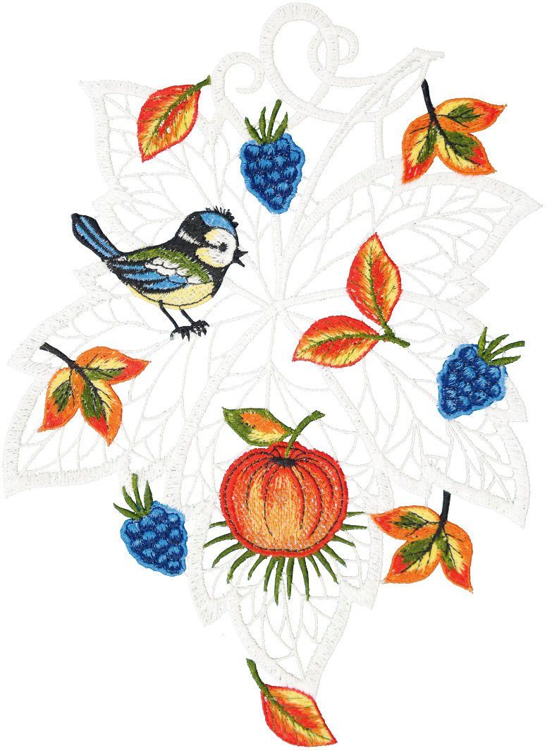 W. Reuter & Sohn Plauener Spitze® Vensterbeeld Fensterbild Herbstblatt mit Vogel farbig