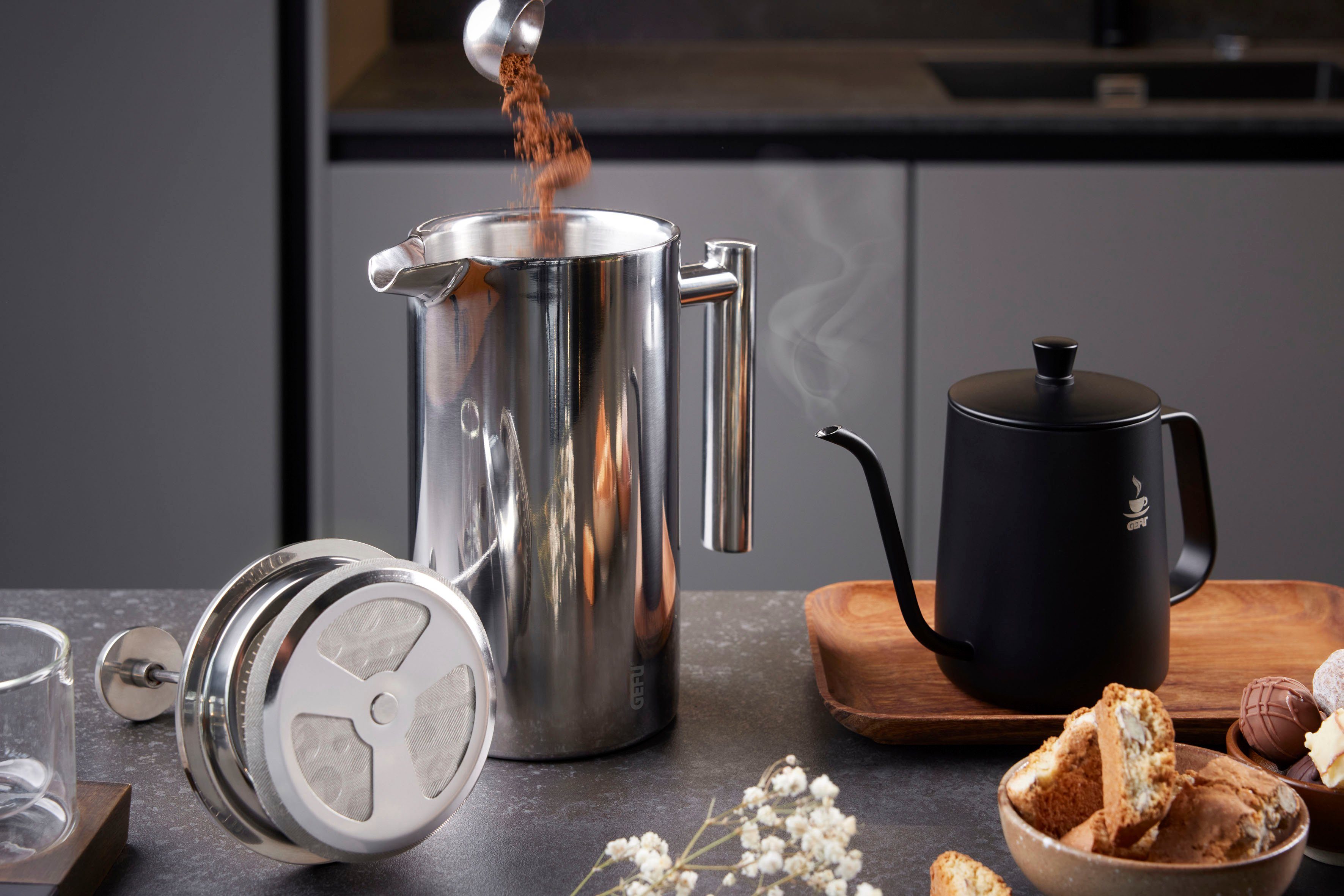 GEFU French Press kan Gustavo eenvoudige bereiding, heet serveren van koffie en thee, roestvrij staal