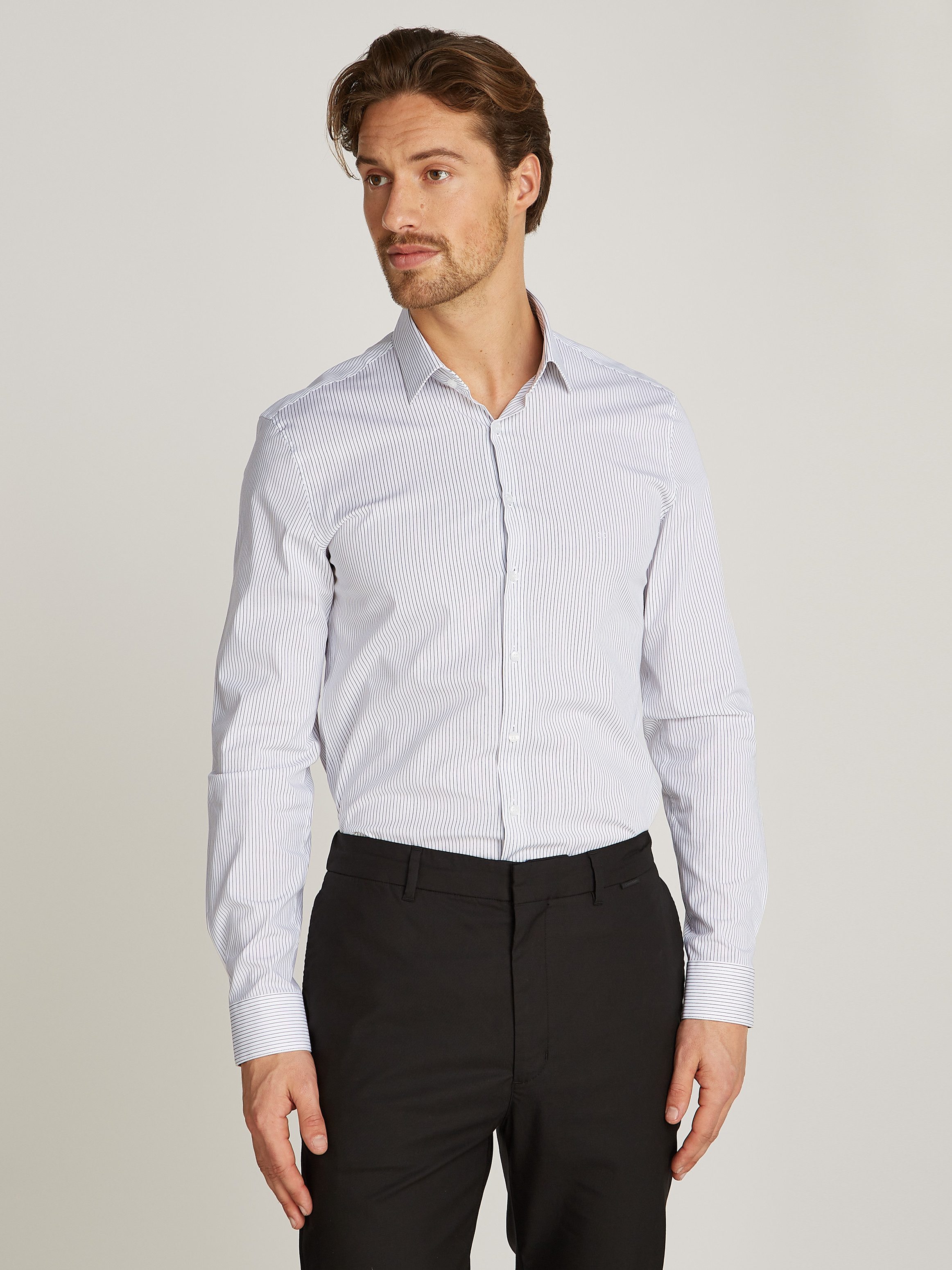 Calvin Klein Overhemd met lange mouwen POPLIN STRIPE SLIM SHIRT heren overhemden maat 40 blauw
