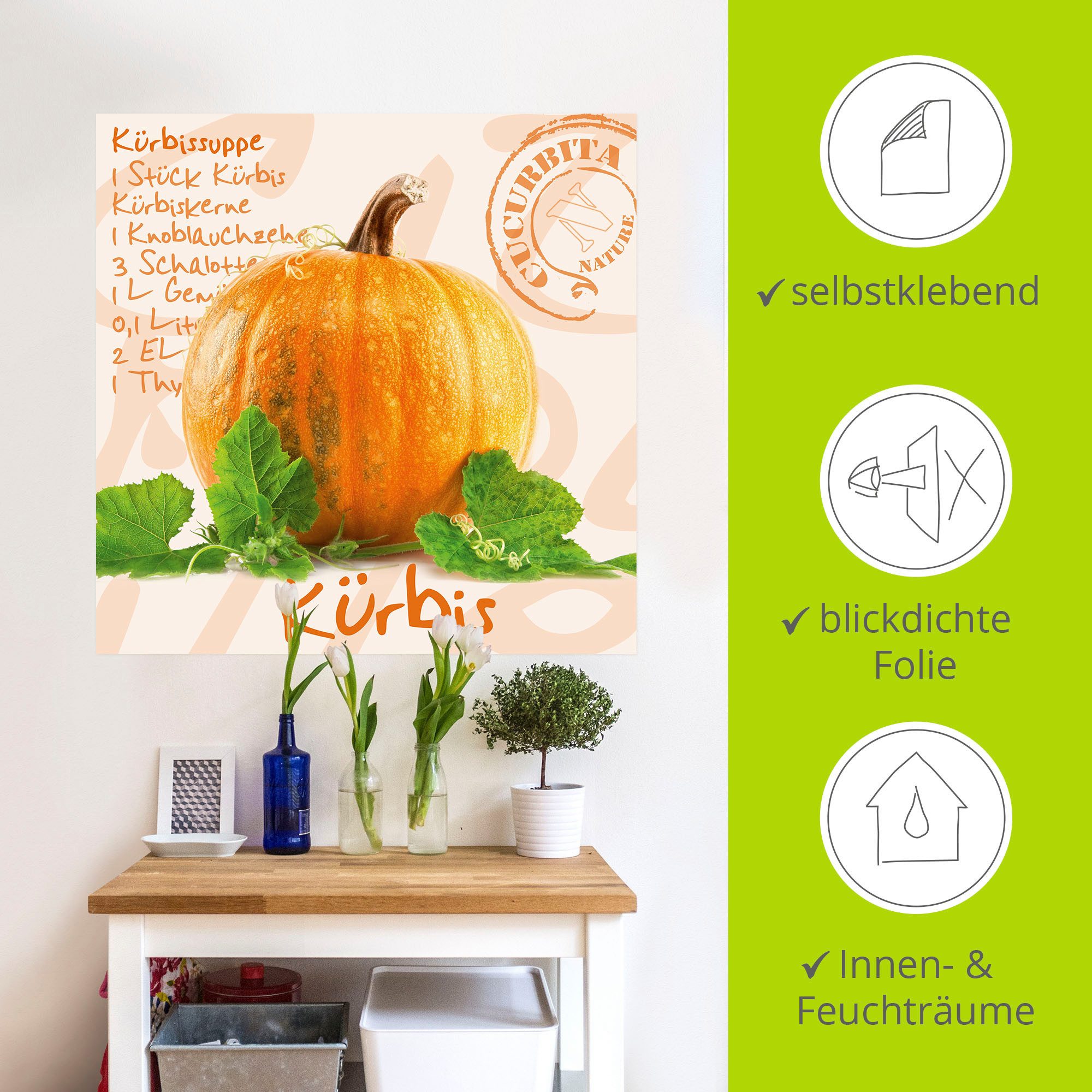 Artland Artprint Gele pompoen met groene bladeren als poster, muursticker in verschillende maten