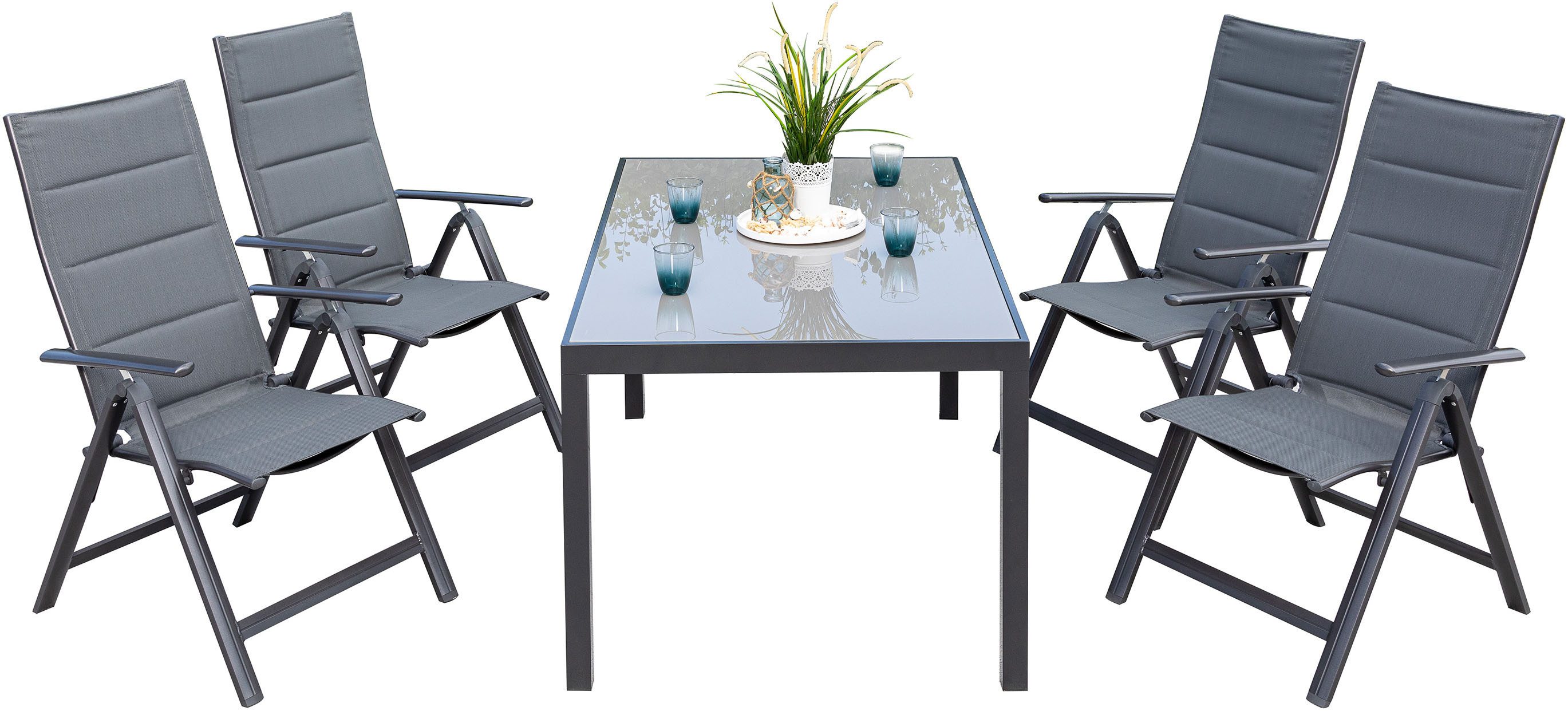 MERXX Tuin-eethoek Taviano 4 opklapbare fauteuils, 5-voudig verstelbaar (set, 5-delig) tuinsets
