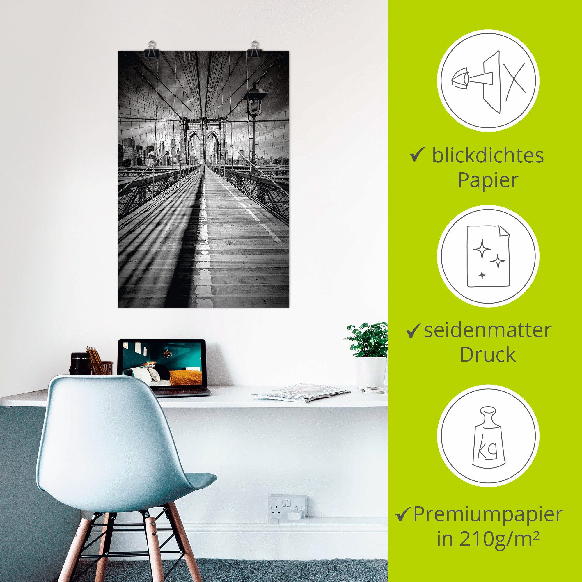 Artland Artprint Brooklyn Bridge, New York City monochroom als artprint op linnen, poster in verschillende formaten maten