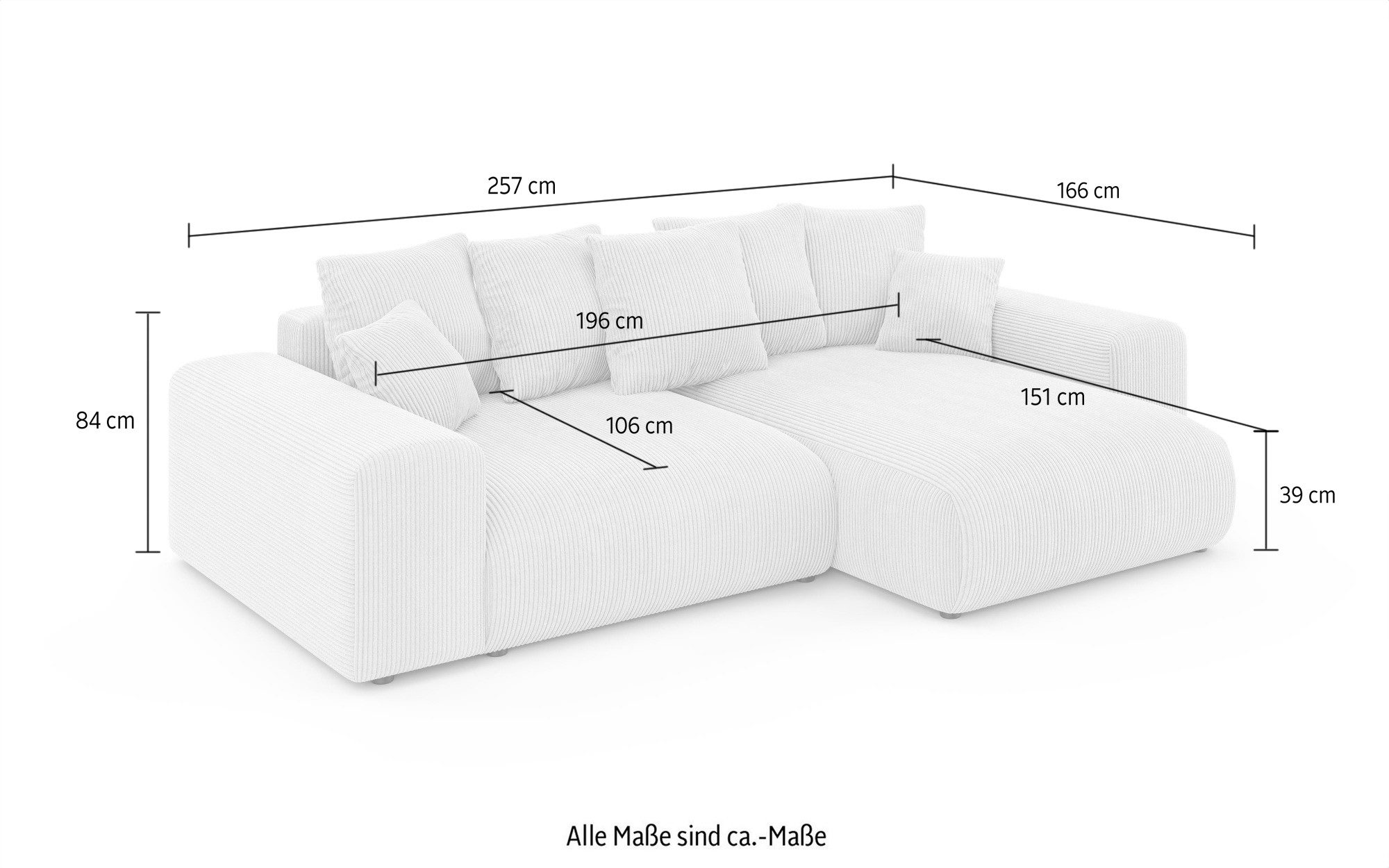 Home affaire Hoekbank LAKESIDE met bedfunctie en bedlade, B/D/H 257/166/84 cm L-vorm, recamiere aan beide zijden monteerbaar, golfondersteuning