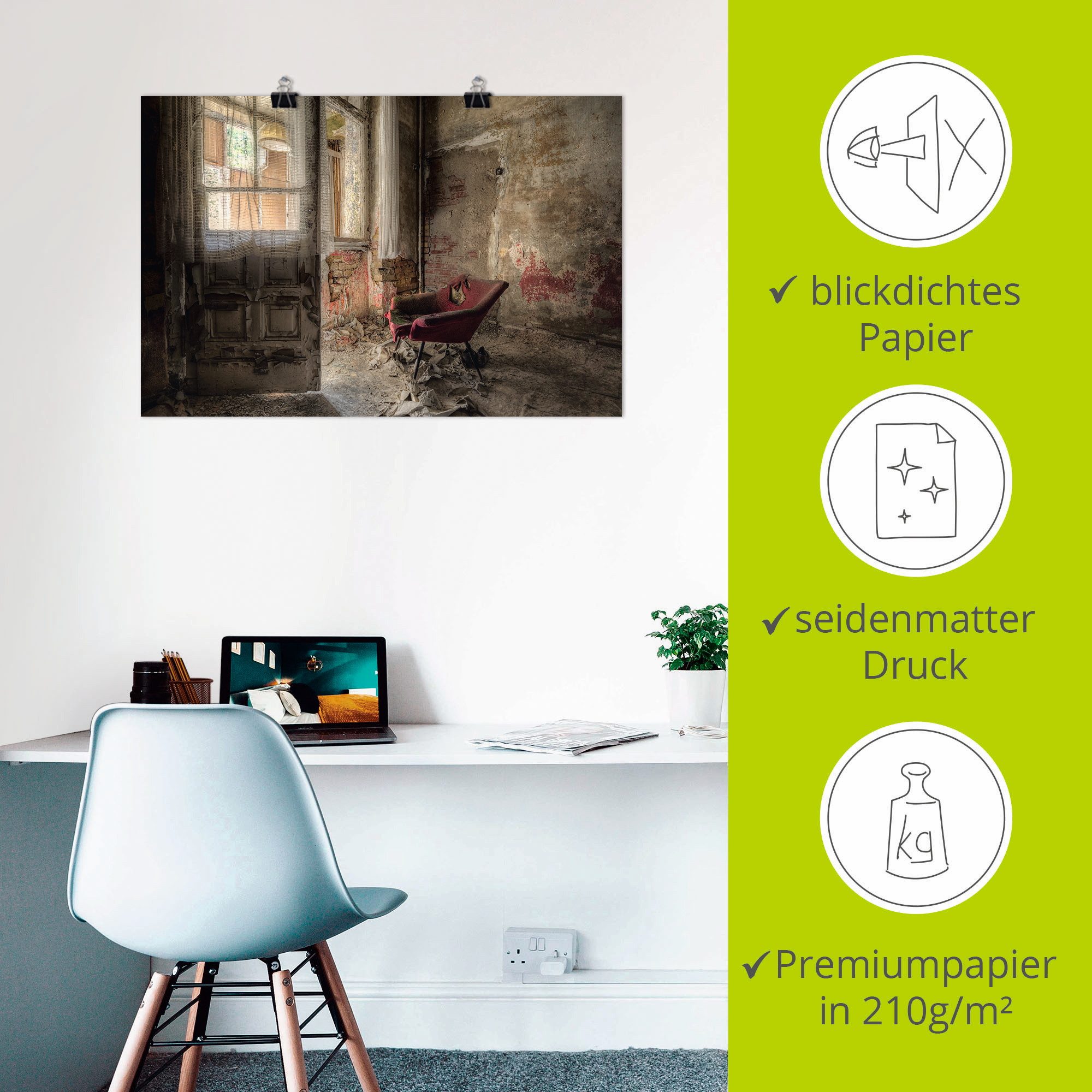 Artland Artprint Lost Place - rode fauteuil I als artprint van aluminium, artprint voor buiten, artprint op linnen, poster, muursticker