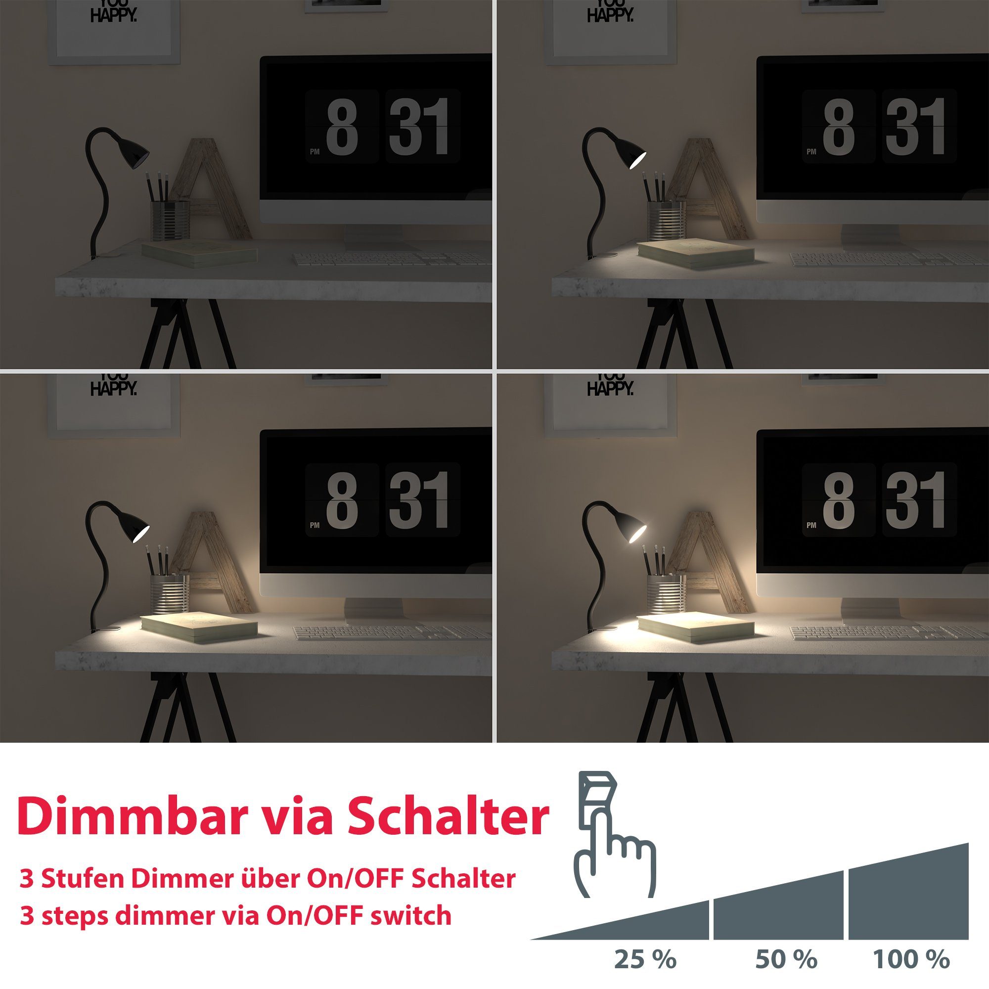 B.K.Licht Led-klemlamp Sirius 3-traps, dimbaar, flexibele gooseneck met siliconen coating