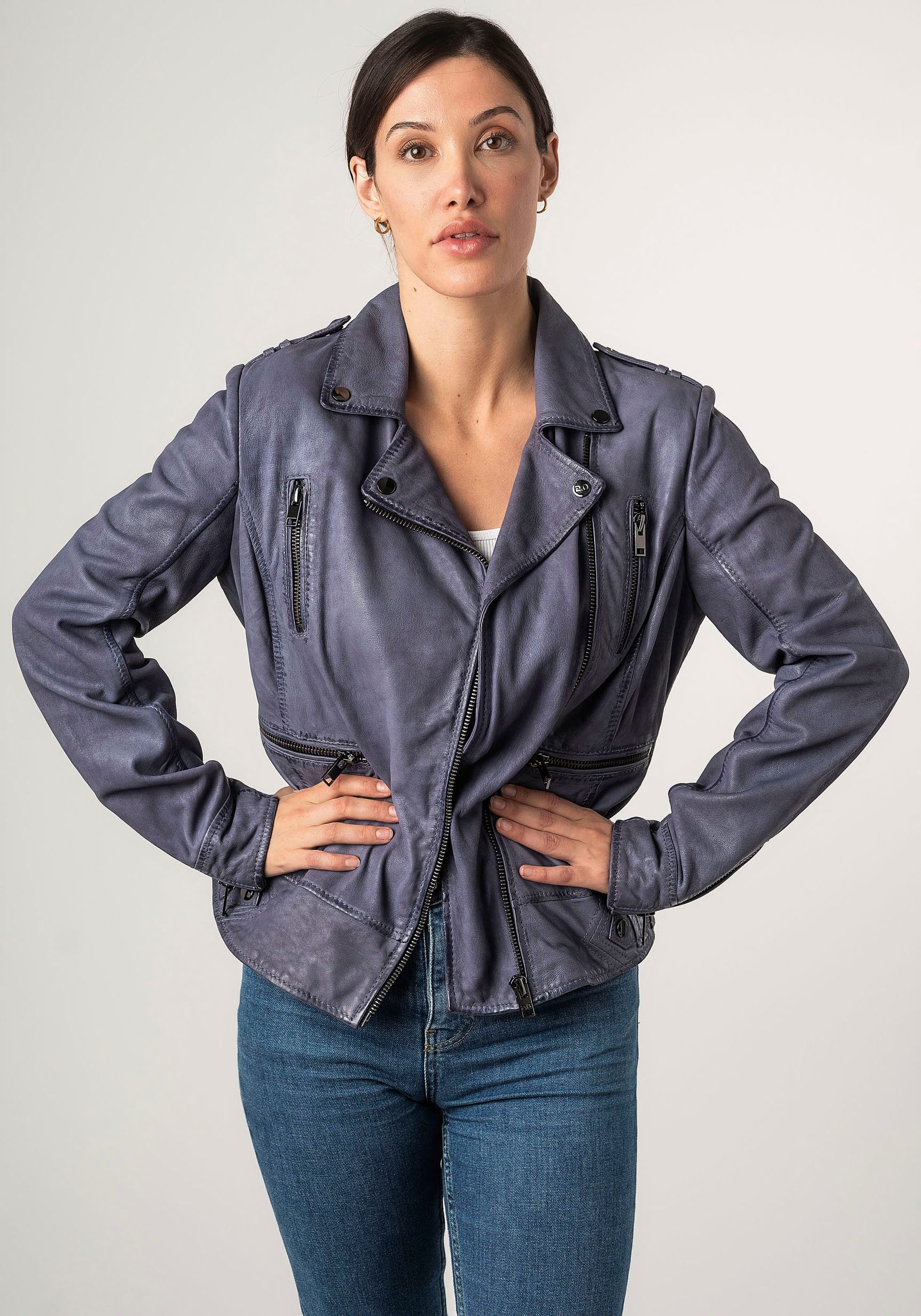 Mauritius Leren jack 2Wtashi met schouderflappen, met studs, met ritszakken