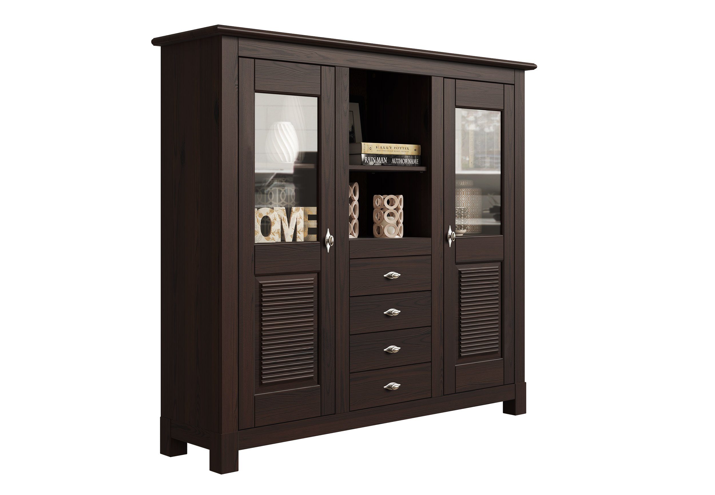 Home affaire Buffetkast Rauna Highboard, massief grenen, deuren met glazen inzetstukken, B/H...