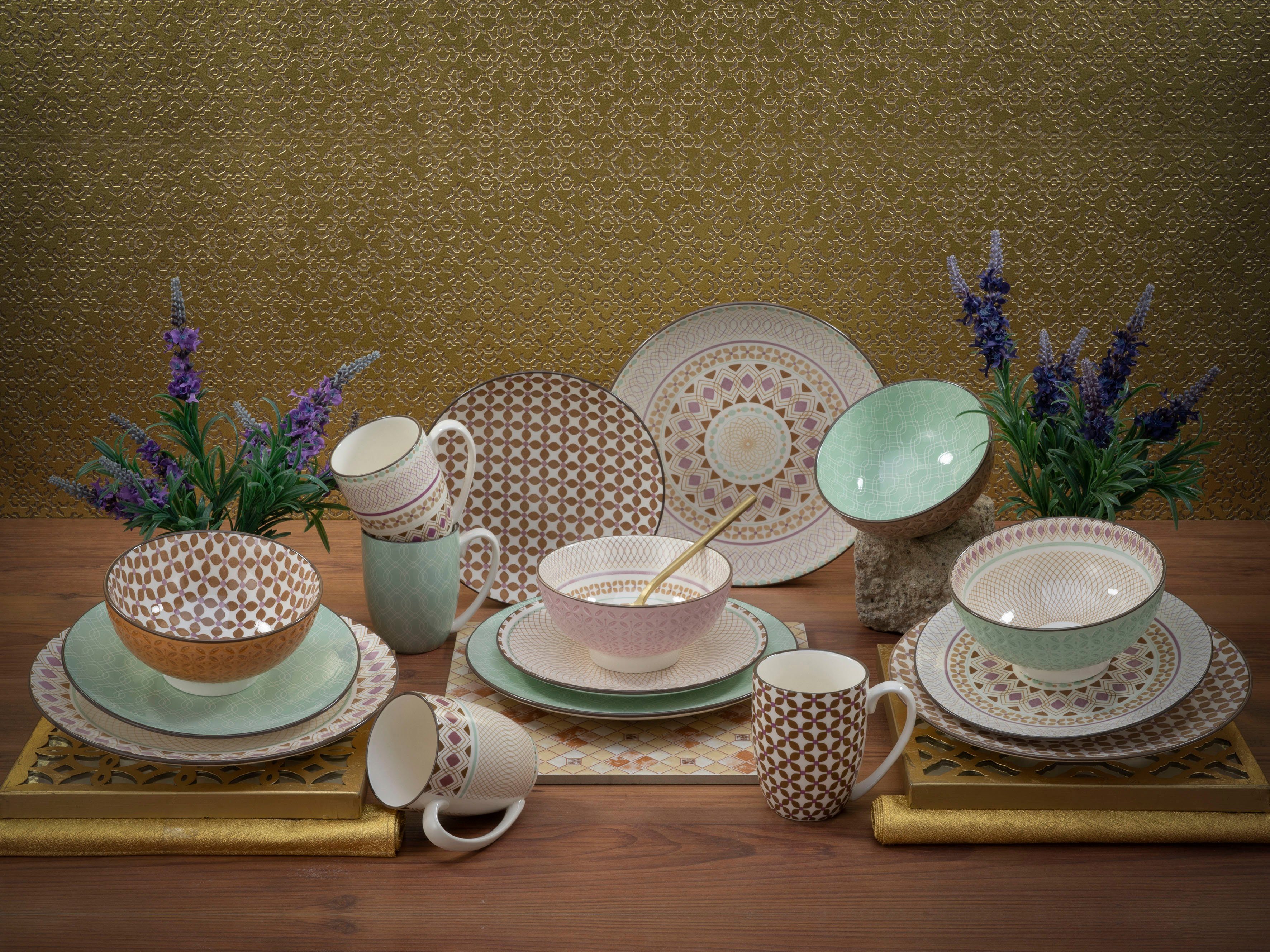 CreaTable Combi-servies Servies-set Mandala Servies, 4 designs, 16 delen, voor 4 personen (set, 16-delig)