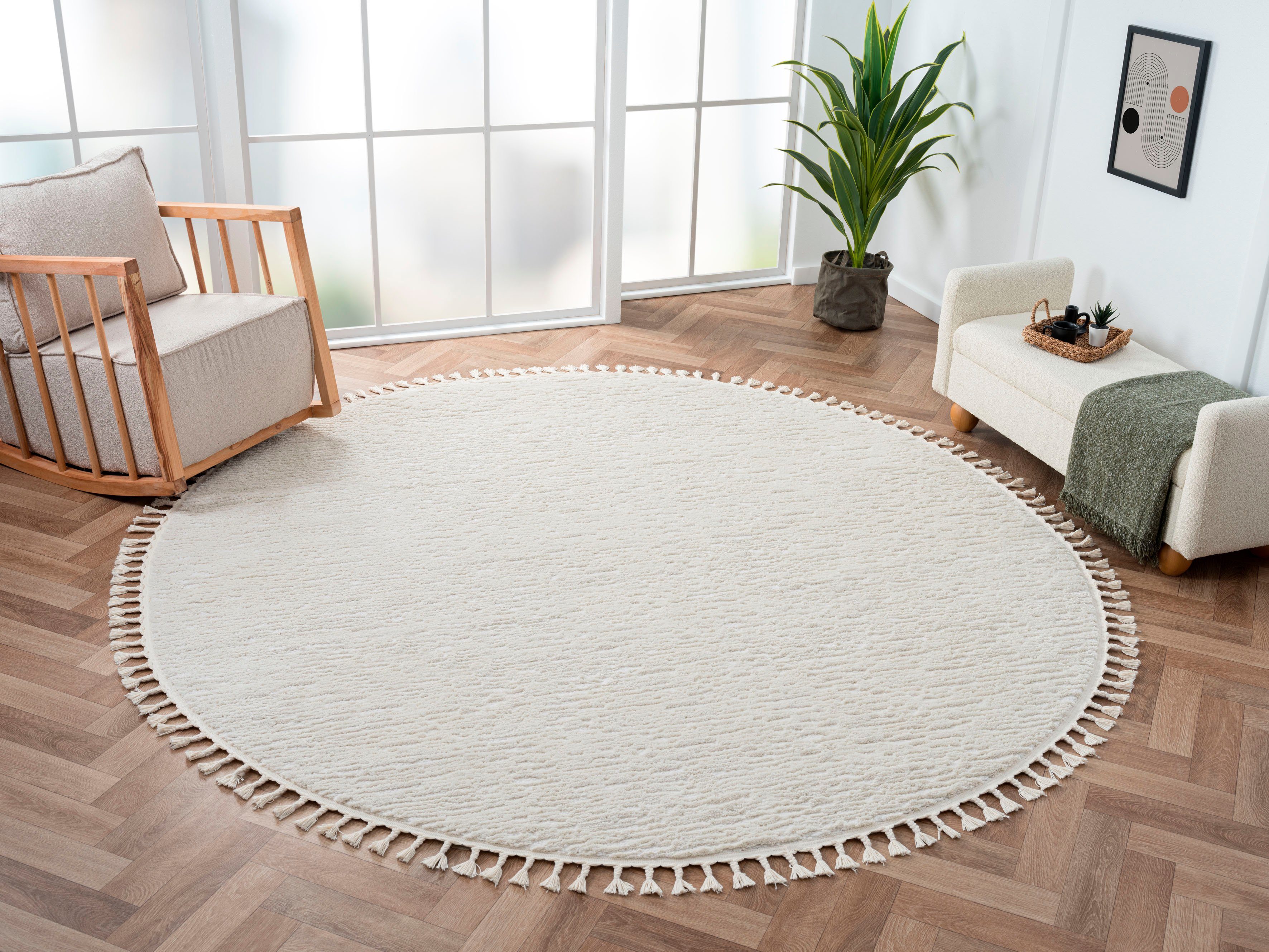Myflair Möbel & Accessoires Hoogpolig vloerkleed Moroccan Pureness moderne tapijt, uni-kleuren, zacht door hoogpolig, met franjes moderne vloerkleden