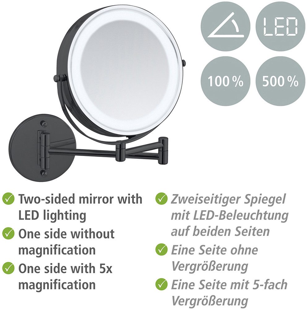 WENKO Wandspiegel Power-Loc® LED model Lumi Cosmetic mirror met verlichting, 5x vergroting, zonder boren