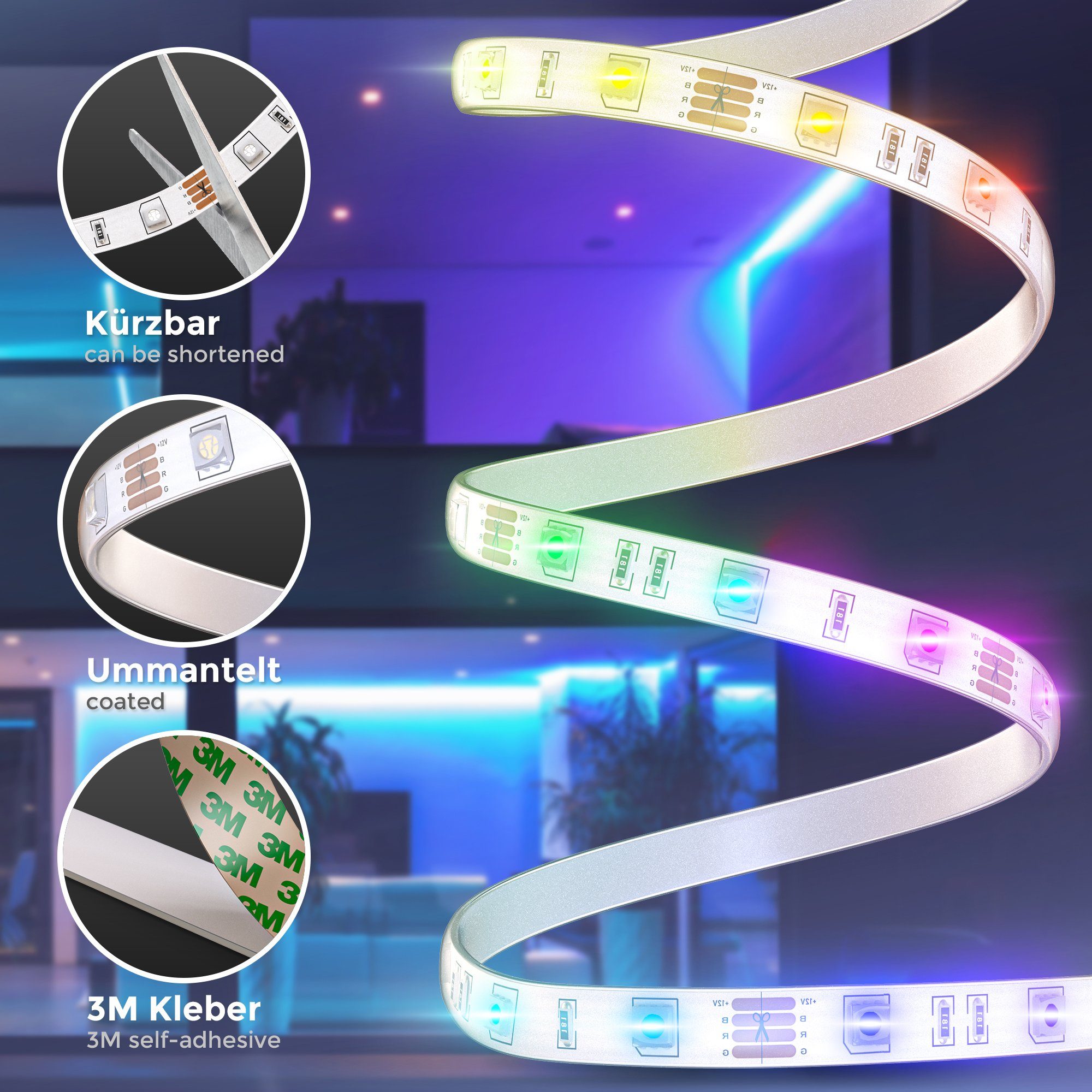 B.K.Licht Led-strip LED strip 3m, siliconen gecoat, RGB, afstandsbediening, zelfklevend