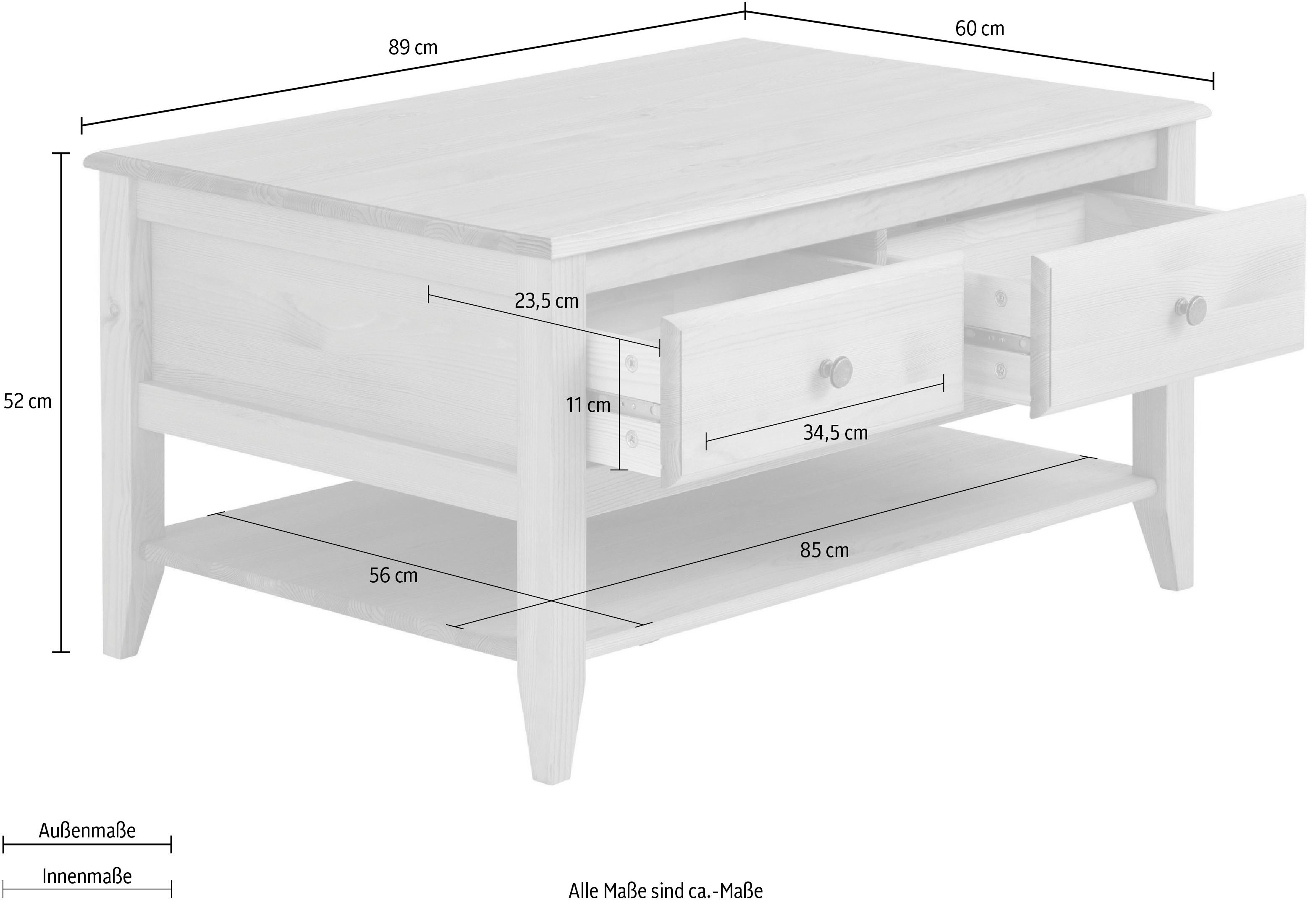 Home affaire Salontafel Leonis Breedte 89 cm, met lades en legplank, van massief grenen