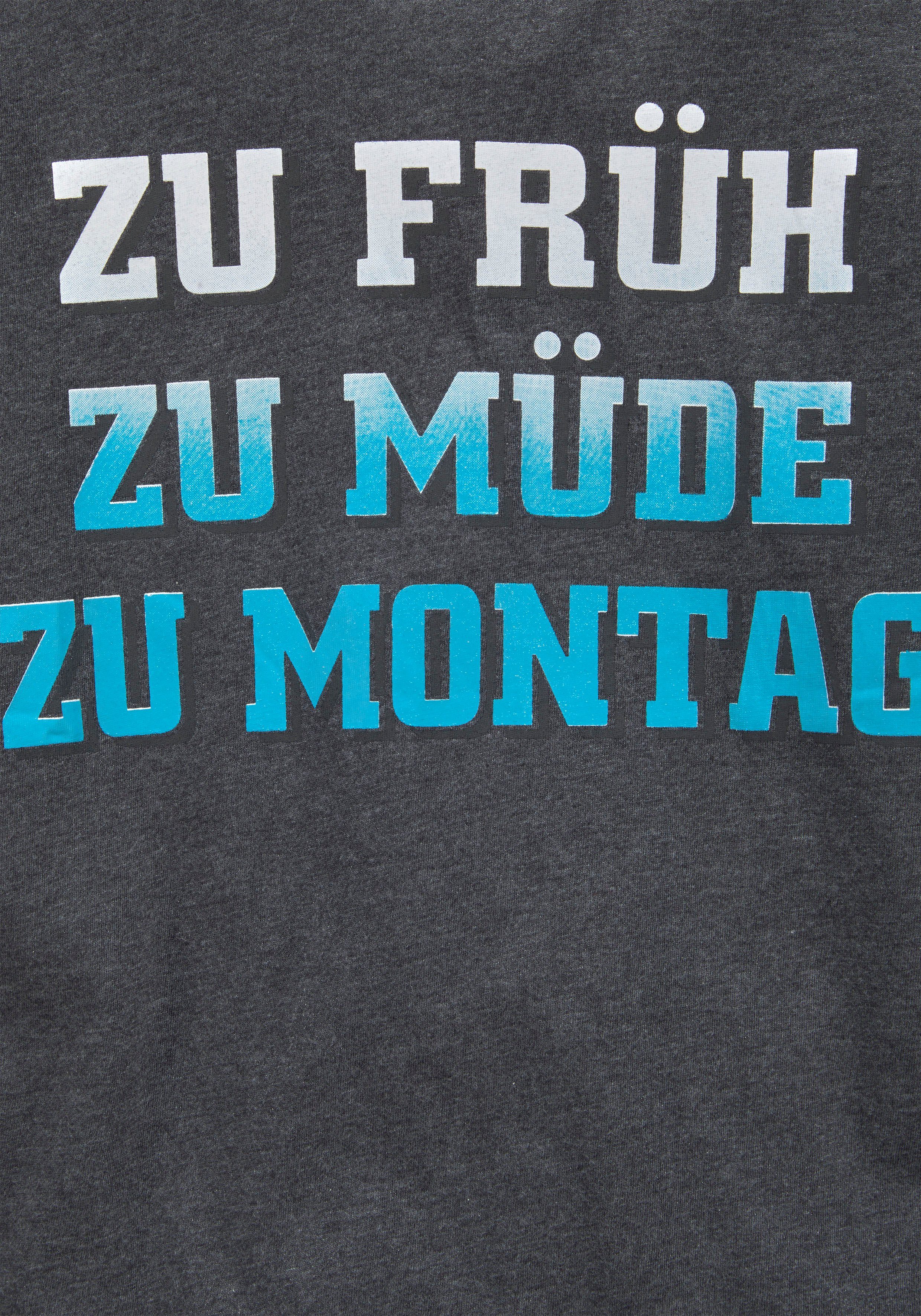 KIDSWORLD T-shirt Met spreuk: ZU FRÜH, ZU MÜDE... Korte mouwen, basic pasvorm, met stijlvolle print, ronde hals