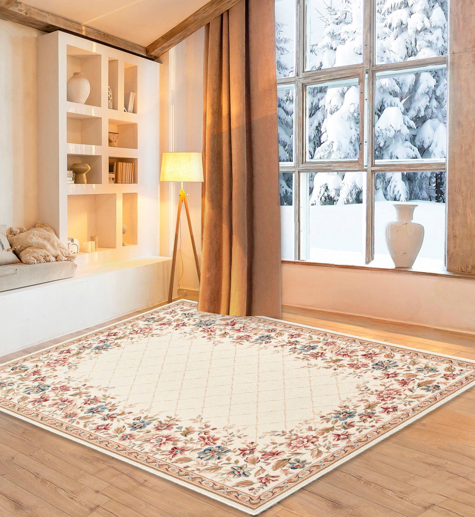 my home Wollen kleed Walchen 100% wol, bloemen design, met bies, landhuis, woonkamer wollen vloerkleden maat 80 cm x 250 cm x 10 mm beige