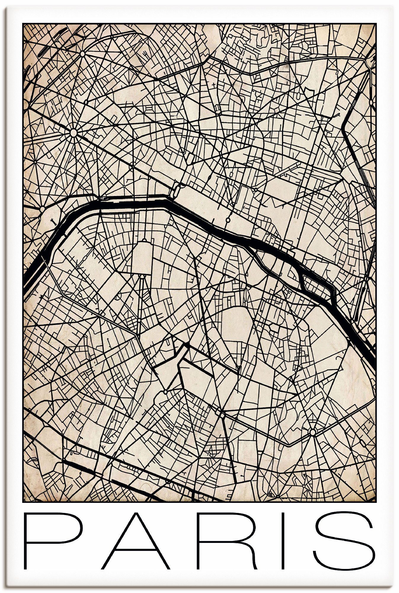 Artland Artprint Retro kaart Parijs Frankeich Grunge in vele afmetingen & productsoorten - artprint van aluminium / artprint voor buiten, artprint op linnen, poster, muursticker /