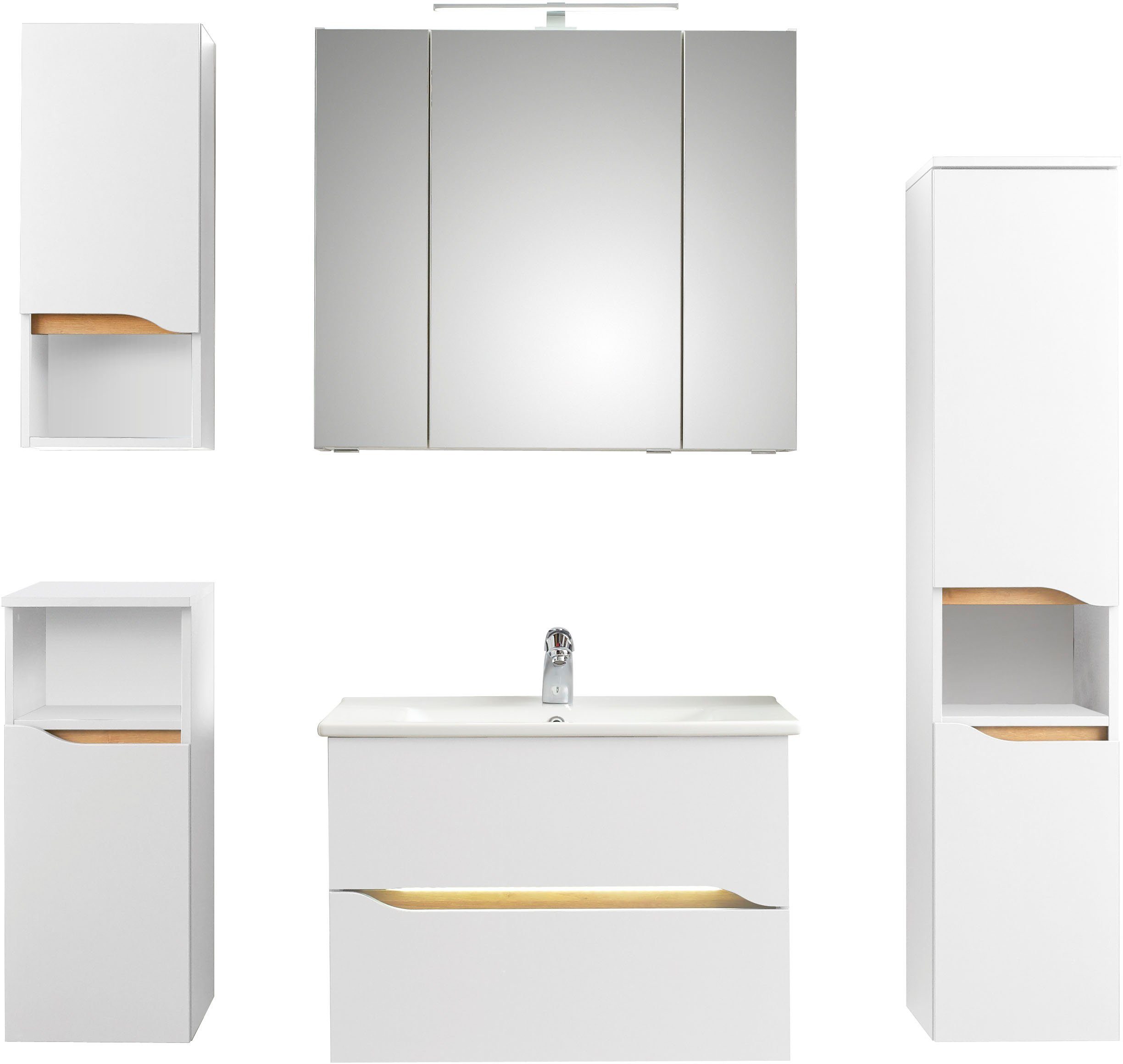 Saphir Badkamerserie Quickset 5-delig, keramische wastafel en LED-spiegelkast Halfhoge kast, onderkast, hangend kastje, inclusief deurdemper, 7 deuren (7-delig)