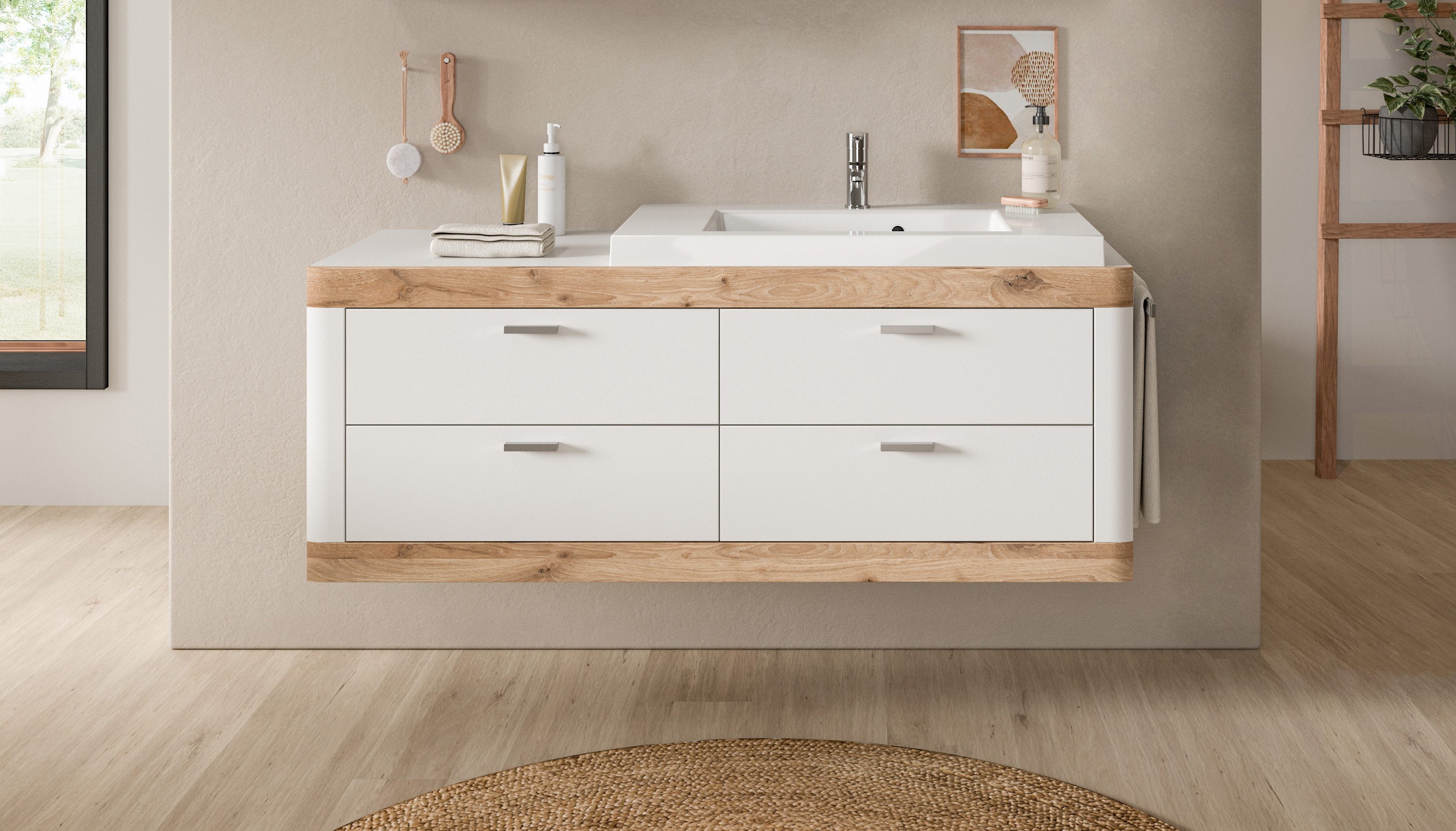 Home affaire Wastafelonderkast Landsby, breedte 133 cm, incl. mineralen gietwasbak, 4 lades (2-delig)