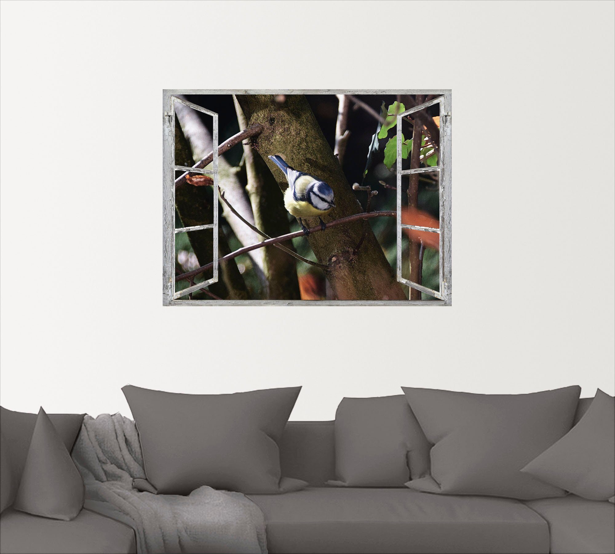 Artland Artprint Blik uit het venster - pimpelmees als artprint van aluminium, artprint op linnen, muursticker of poster in verschillende maten