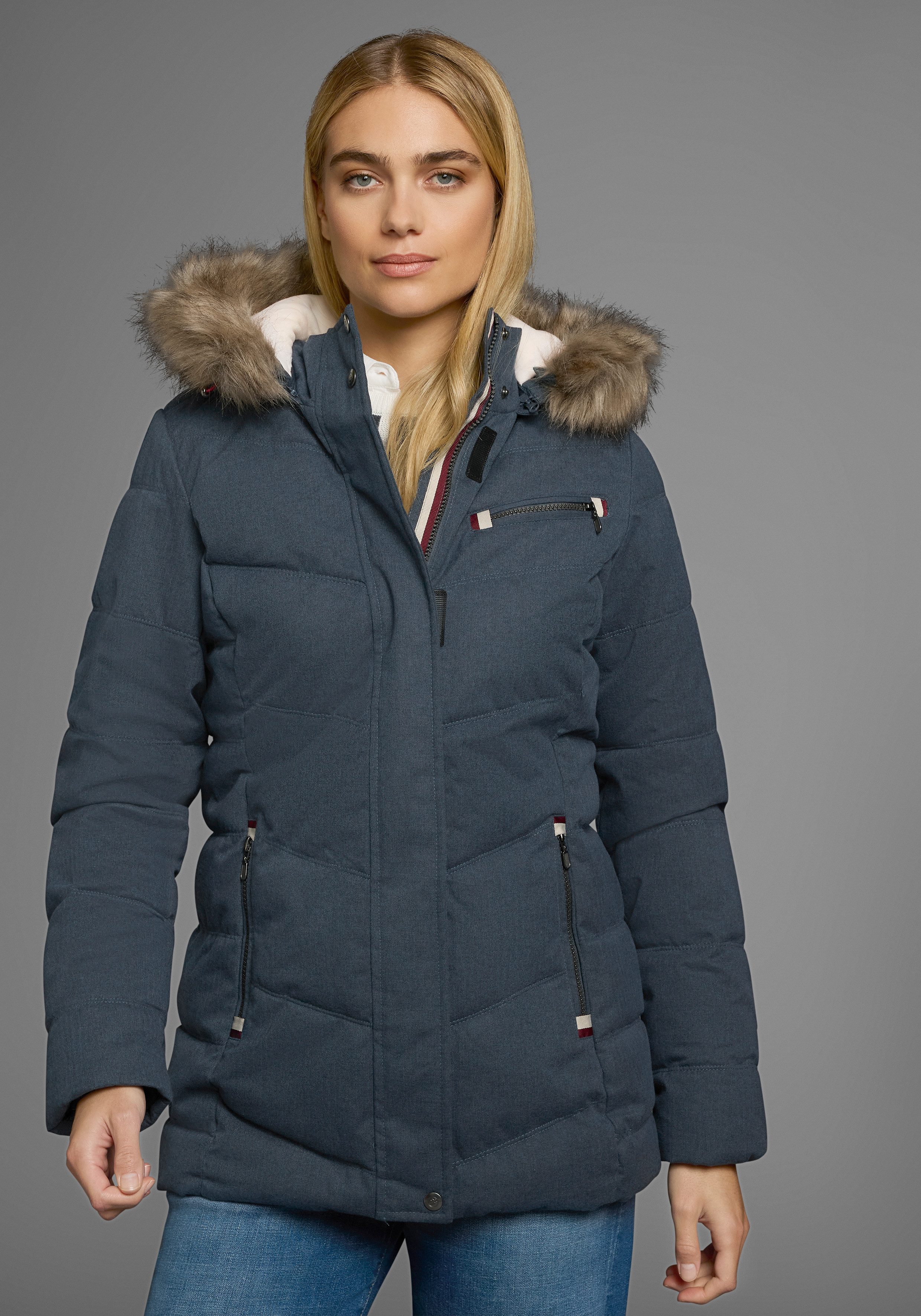 Polarino Gewatteerde jas met afneembare capuchon, met faux fur, veel zakken