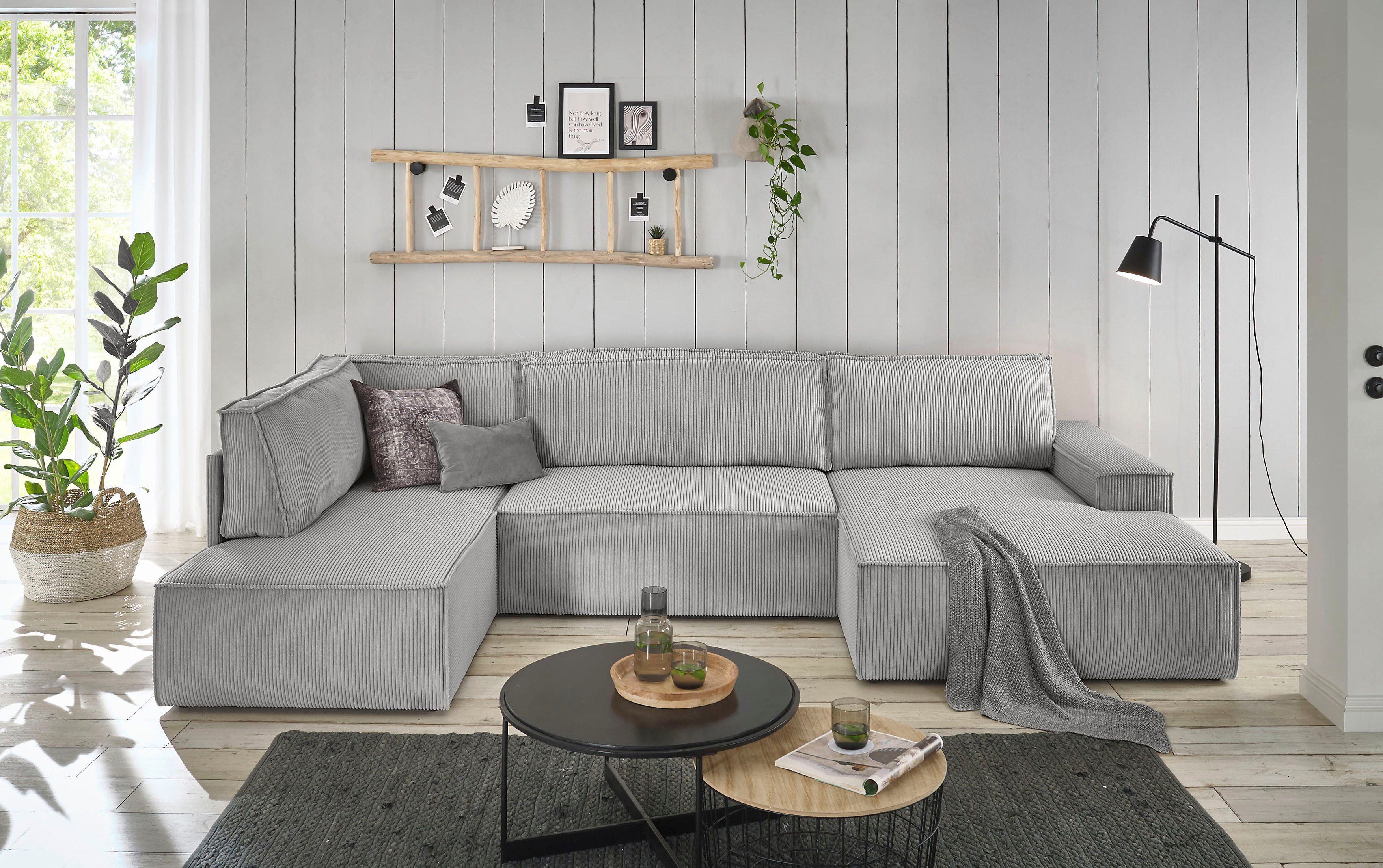Home affaire Zithoek SHERWOOD 329 cm, U-vorm, slaapbank, Slaapfunctie met bedkist (194x139 cm), cord, vintage, fluweel