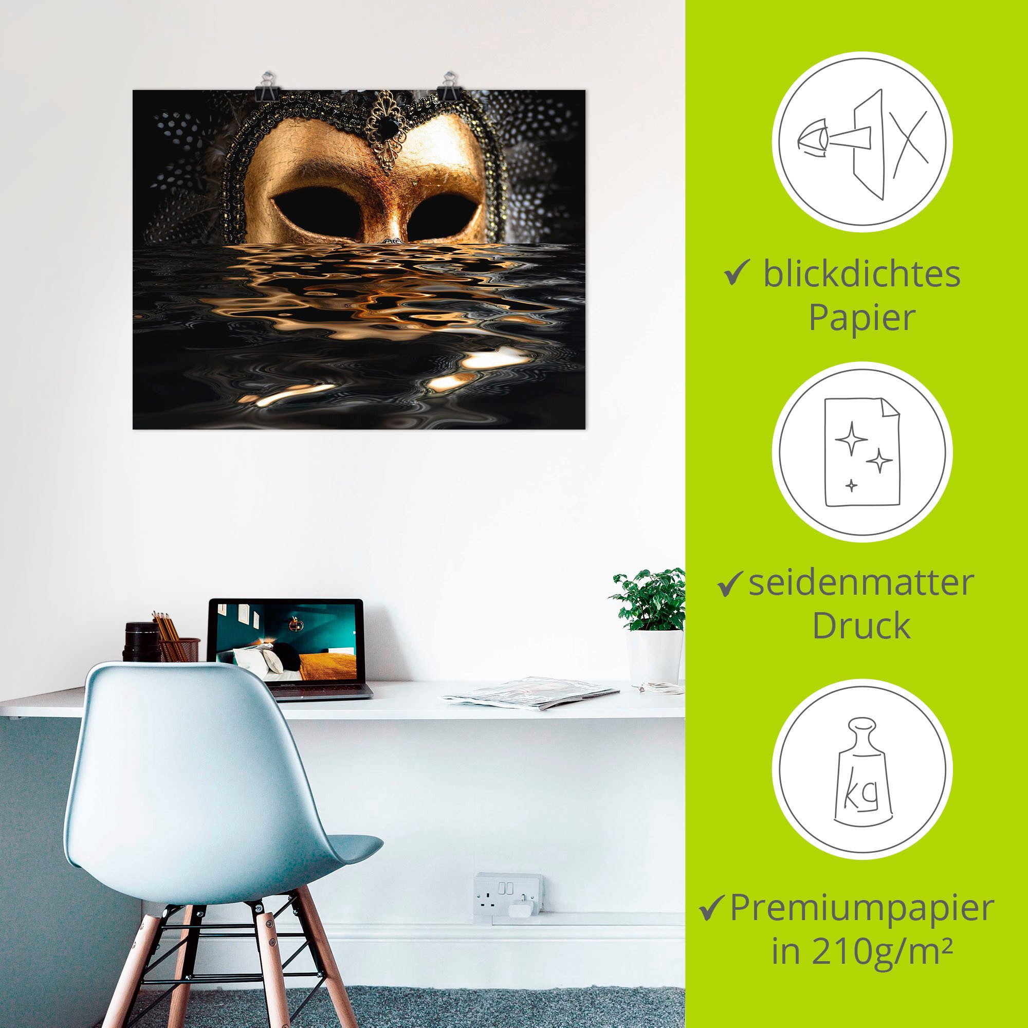 Artland Artprint Venetiaans masker met bladgoudkleur als artprint van aluminium, artprint voor buiten, artprint op linnen, poster, muursticker