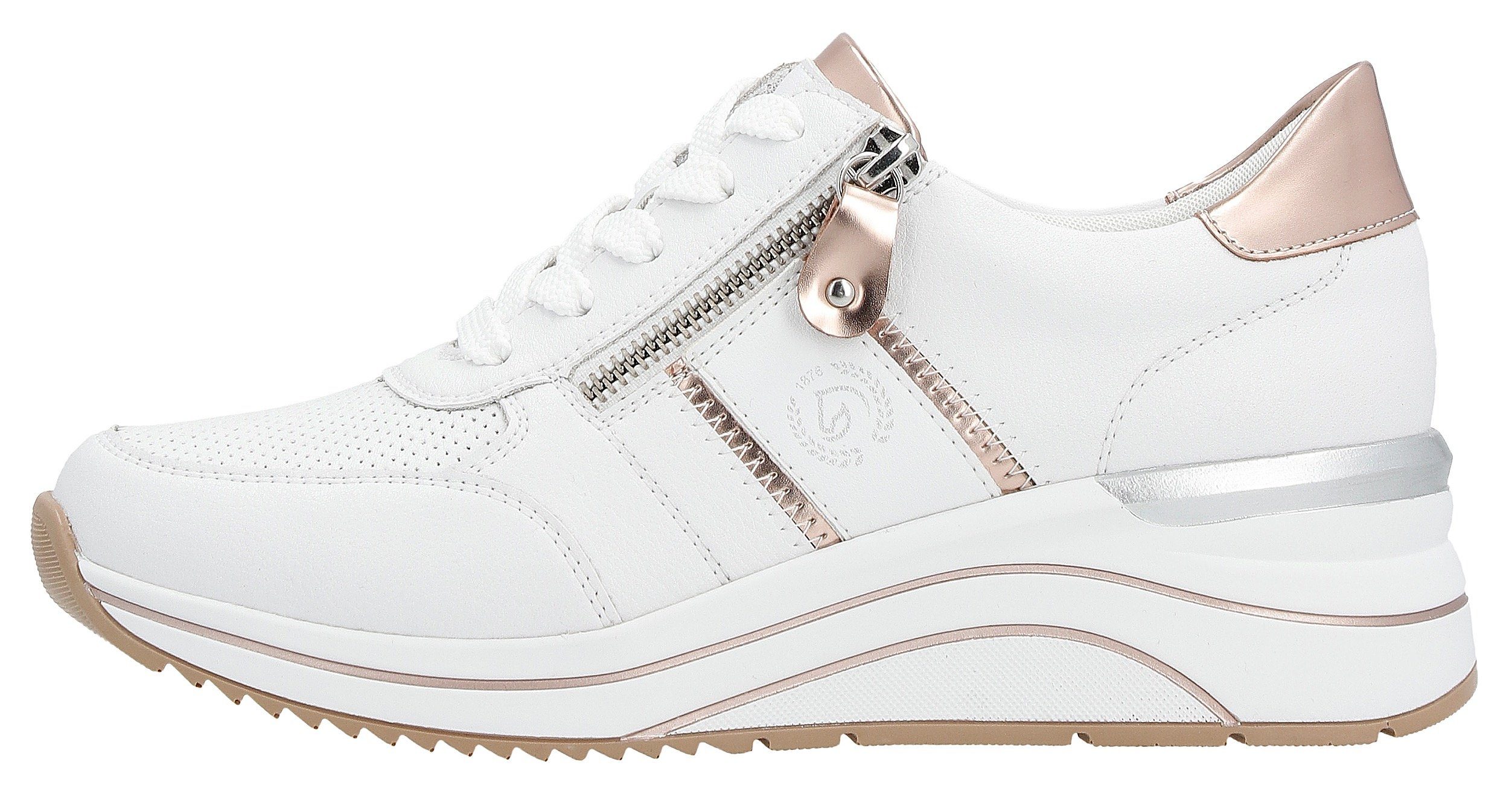Remonte Sneakers met sleehak , vrijetijdsschoen, lage schoen, veterschoen met metallic contrastaccenten