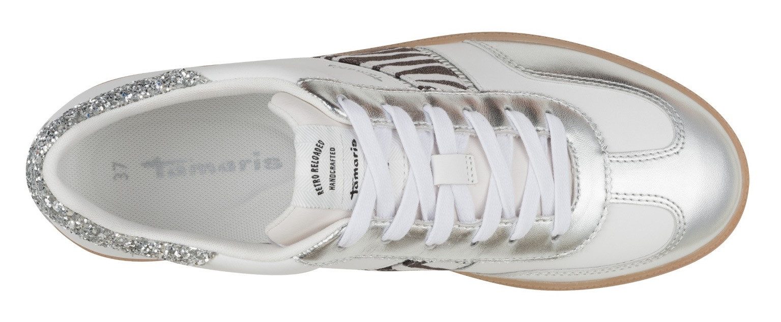 Tamaris Plateausneakers , vrijetijdsschoen, lage schoen, veterschoen met glitter op de hiel
