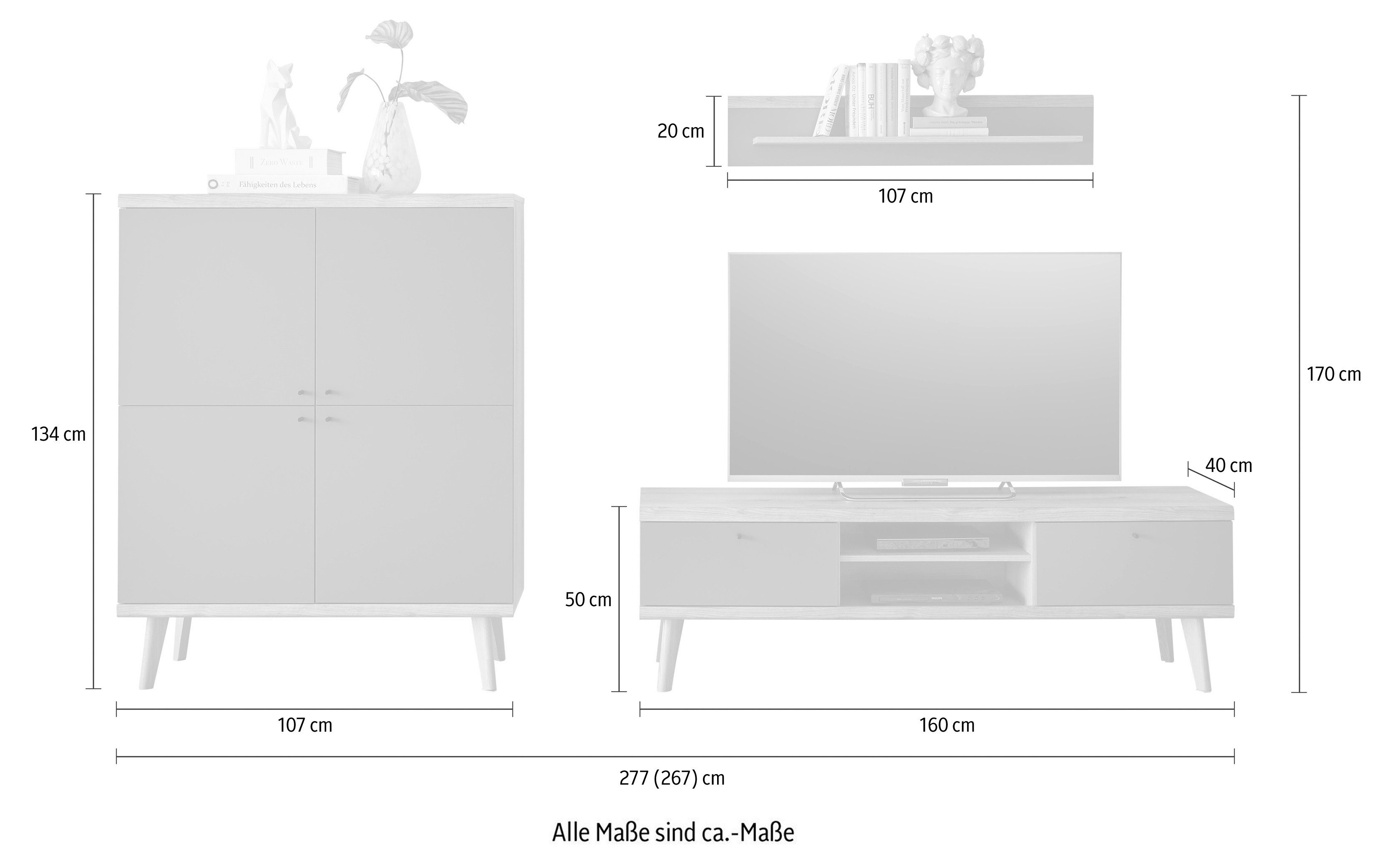 INOSIGN Wandmeubel MAVAS in moderne trendkleur, handgrepen van metaal (zwart), breedte 337 cm (set, 3-delig)
