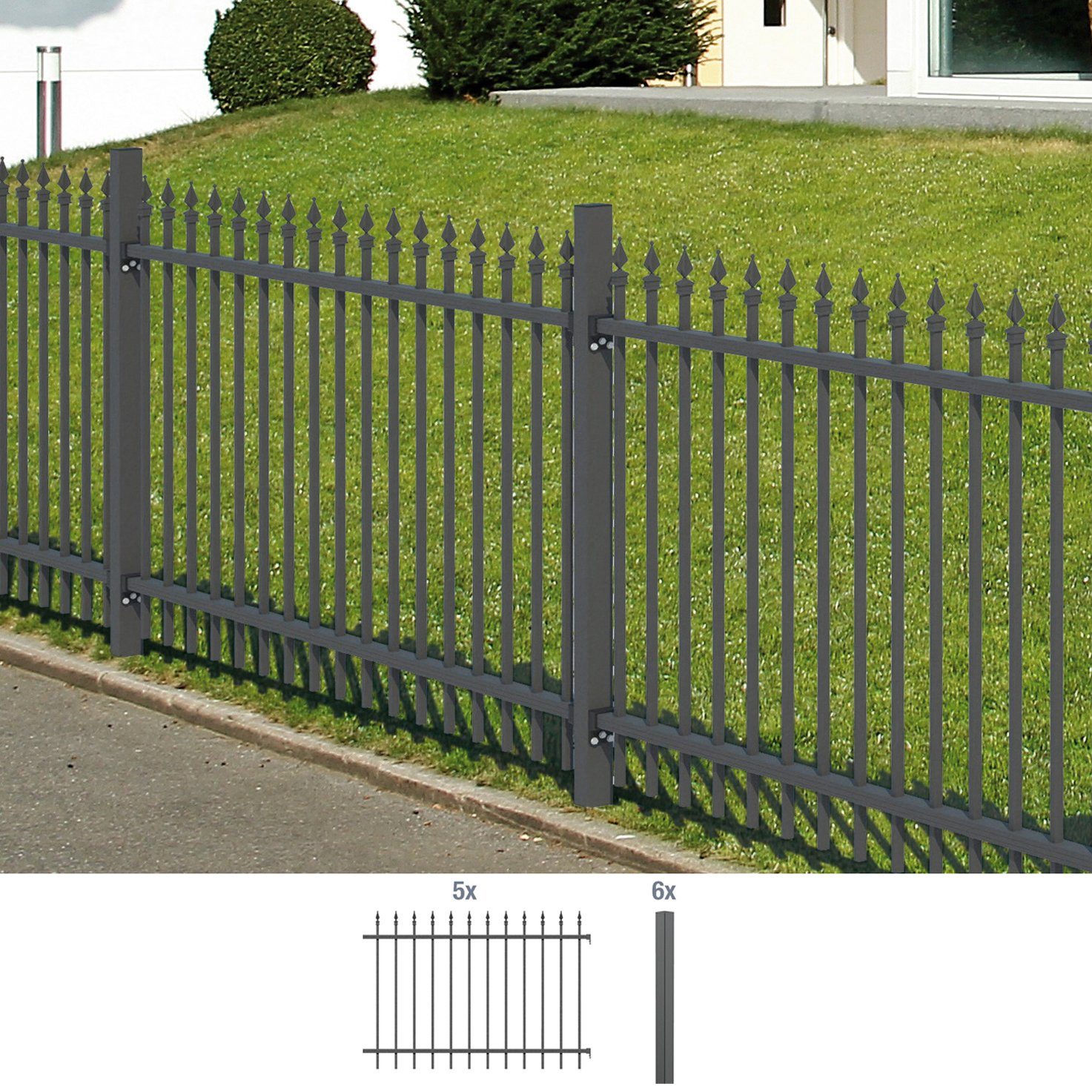 GAH Alberts Metalen hek Chaussee Hoogte: 100 en 120 cm, totale lengte: 10 m, voor plaatsing in beton (set, 12 stuks)