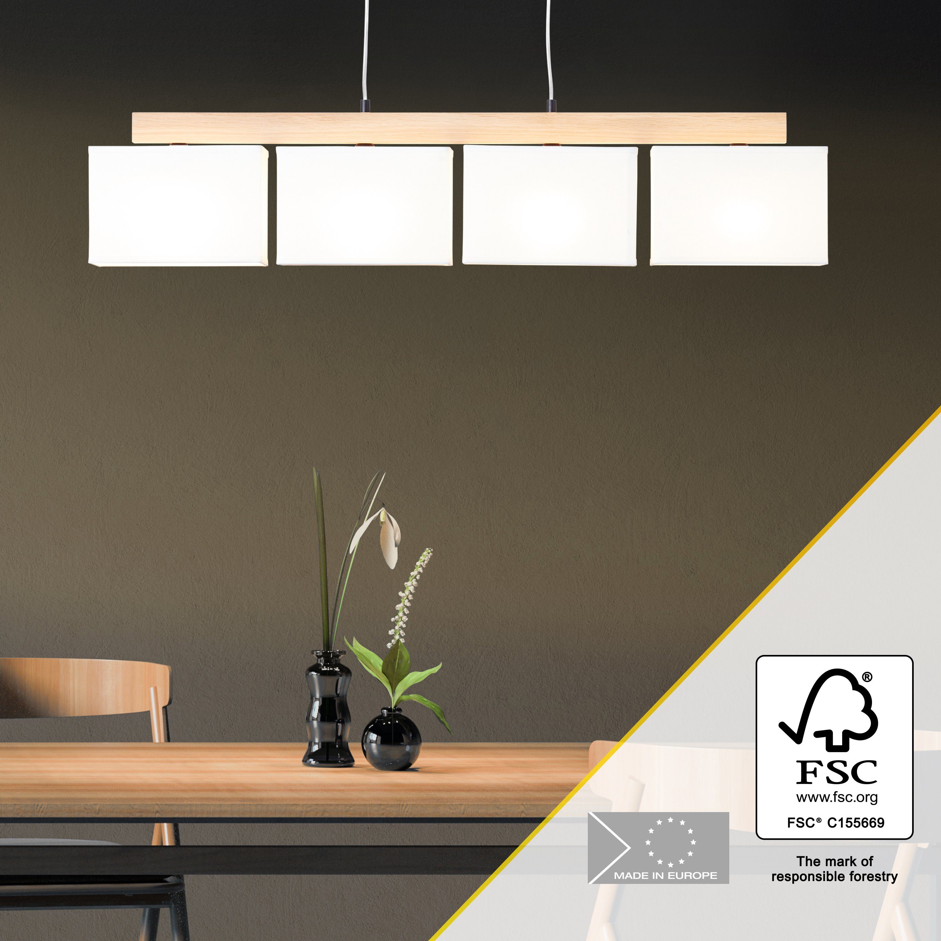 Brilliant Leuchten Hanglamp Rayan Stoffen kappen, H 113 cm, B 95 cm, 4 x E27, geolied eiken/wit (1 stuk)
