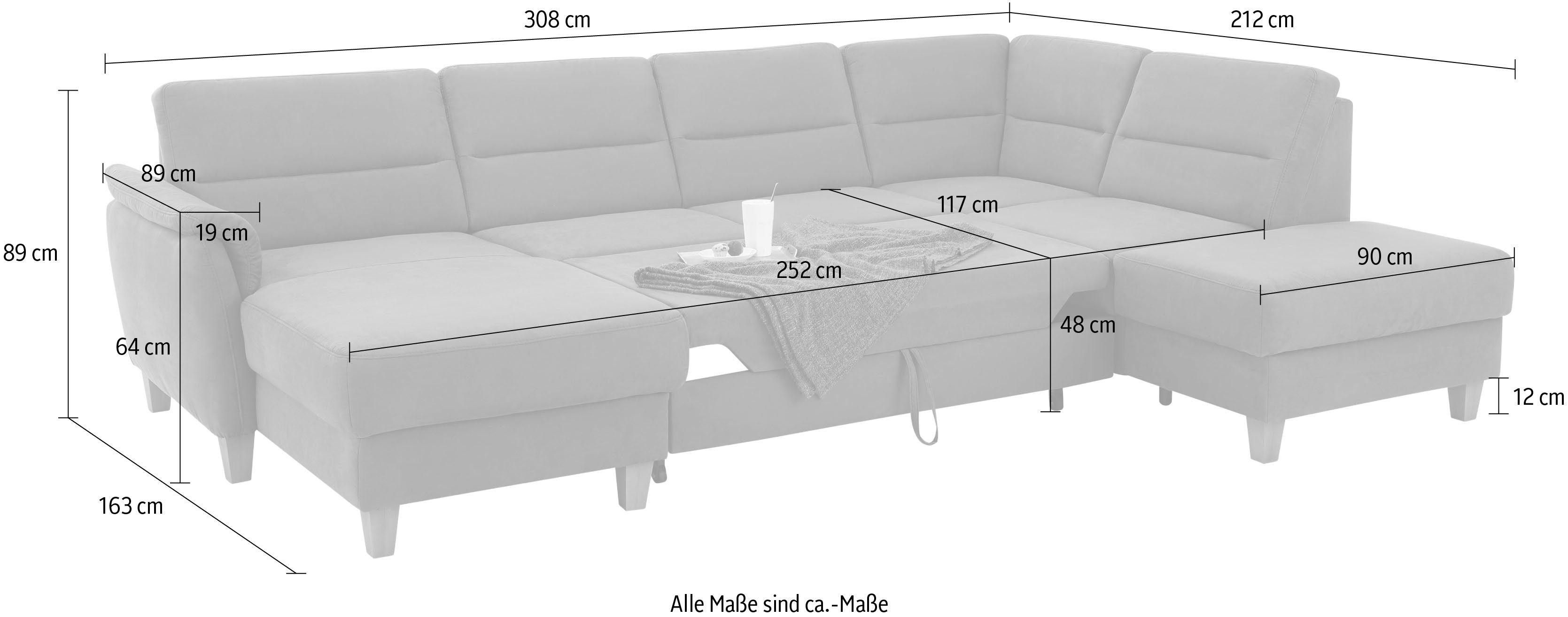 Home affaire Zithoek Palmera U-vorm, B: 308 cm optioneel bedfunctie & bedlade, veerkern