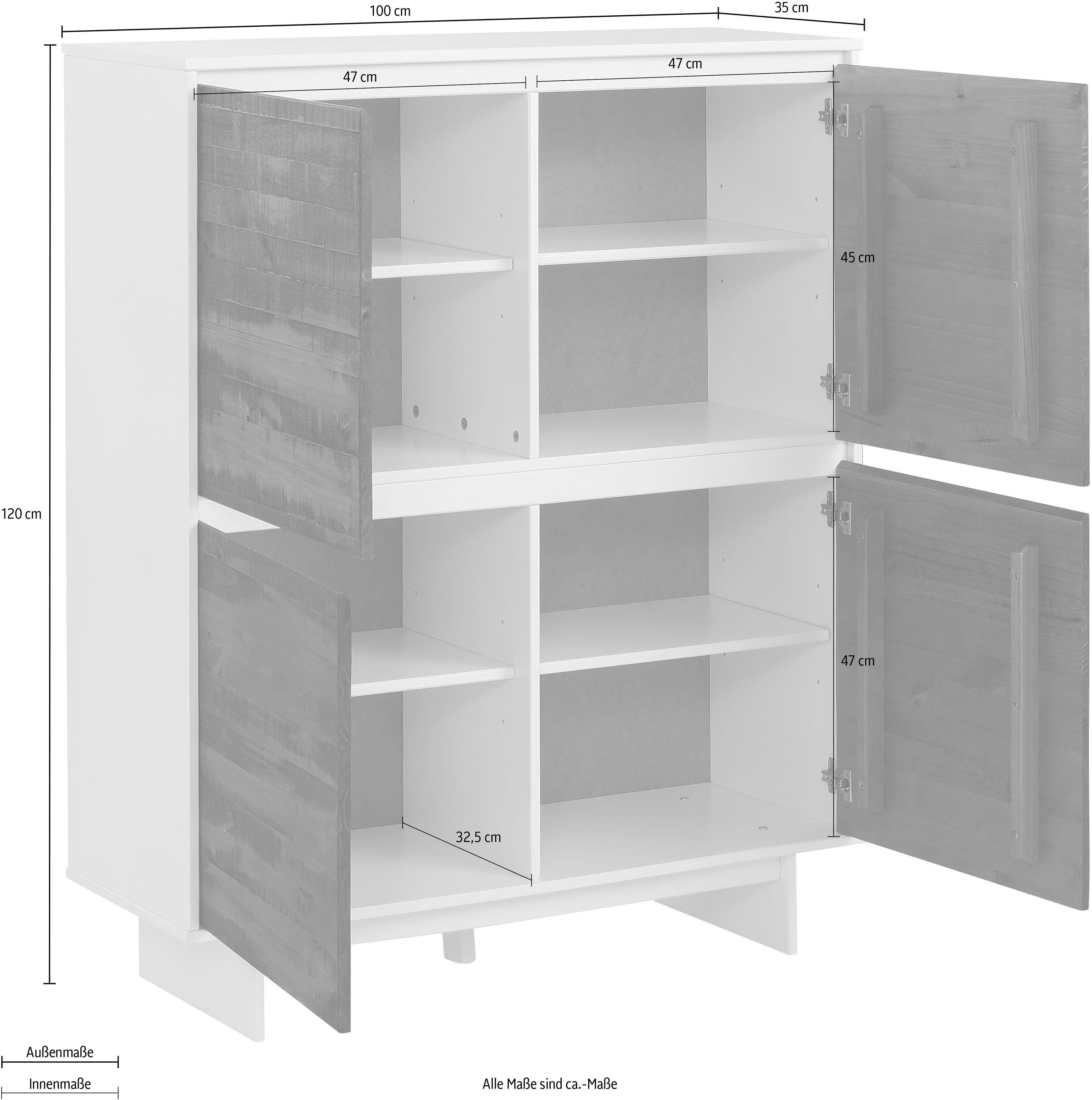 Home affaire Highboard Morgan midischrank hoge kast van massief grenenhout, met ingefreesde verzonken grepen, breedte 120 cm