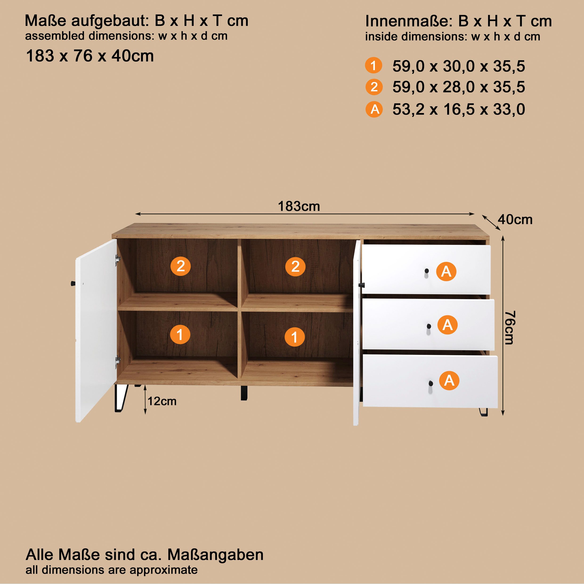 Places of Style Dressoir Tarragona Commode, Frezingen in ruitlook, Breedte 183 cm