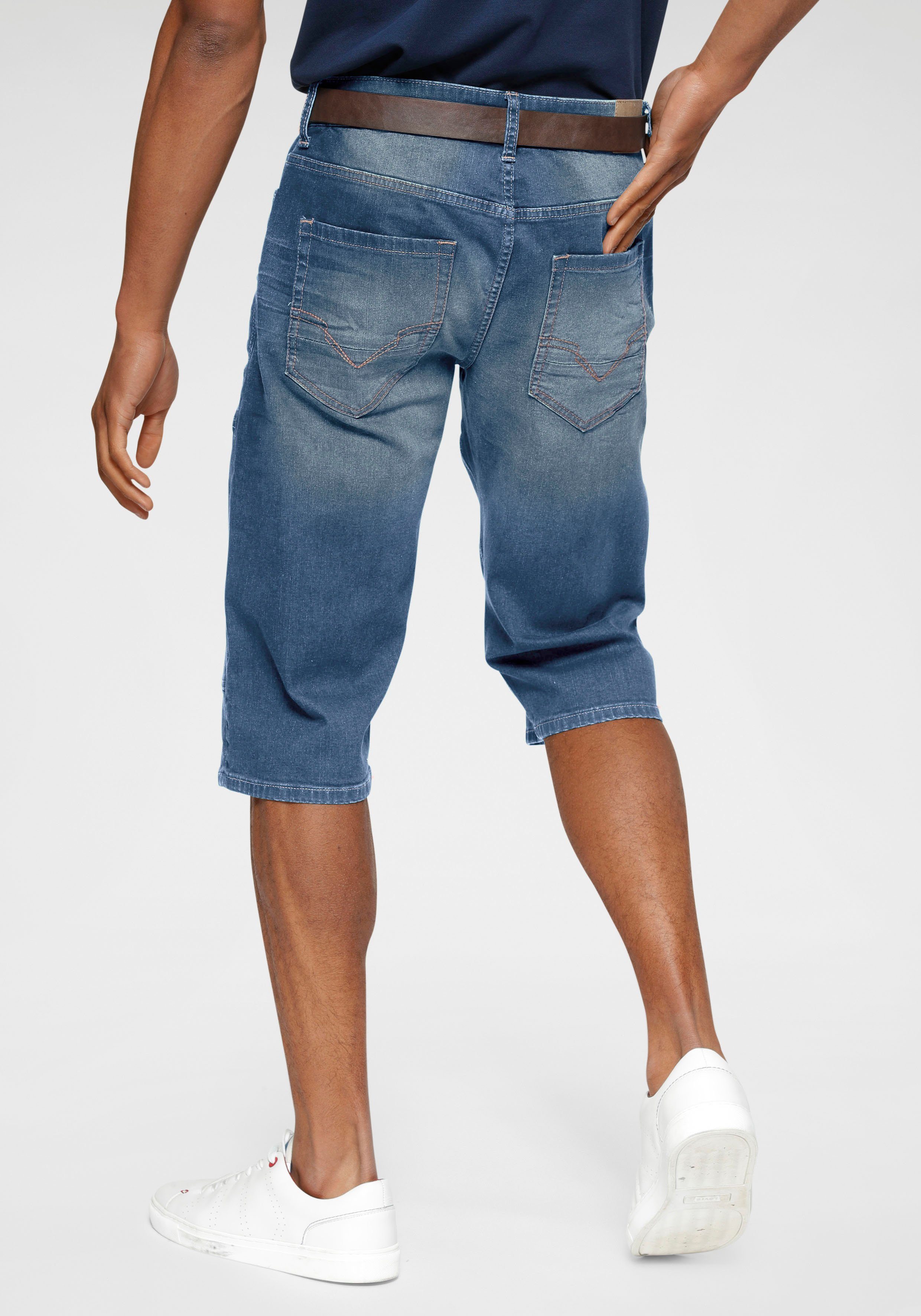 H.I.S Jeansbermuda HANTZ rechte broeksnit, used-look met slijtage-effecten (set, 2-delig, Met een afneembare riem)