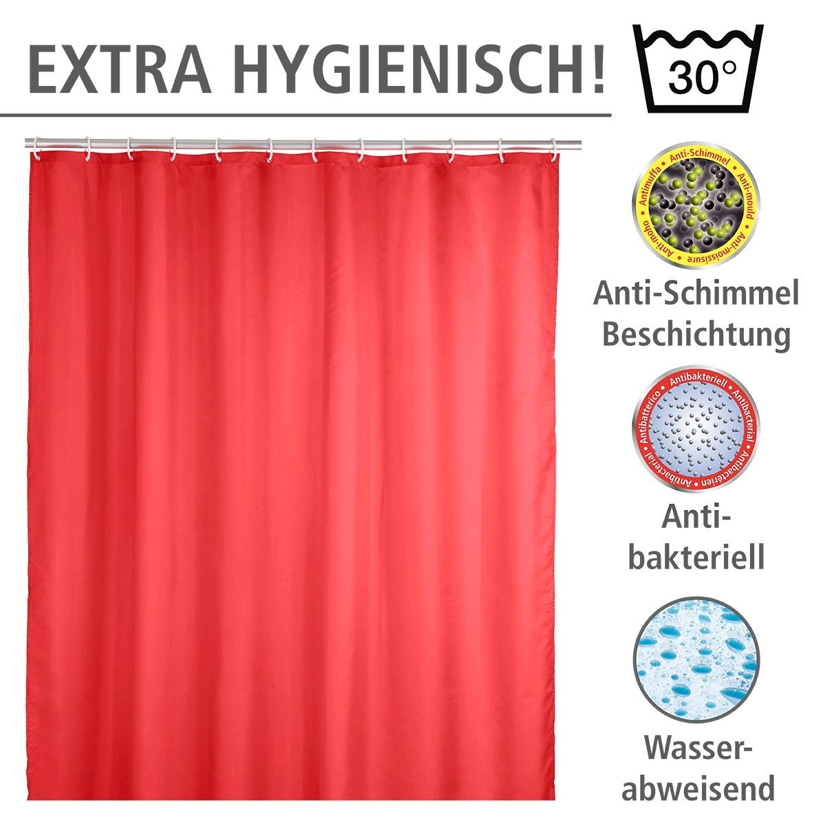 WENKO Douchegordijn Uni Red Hoogte 200 cm, wasbaar