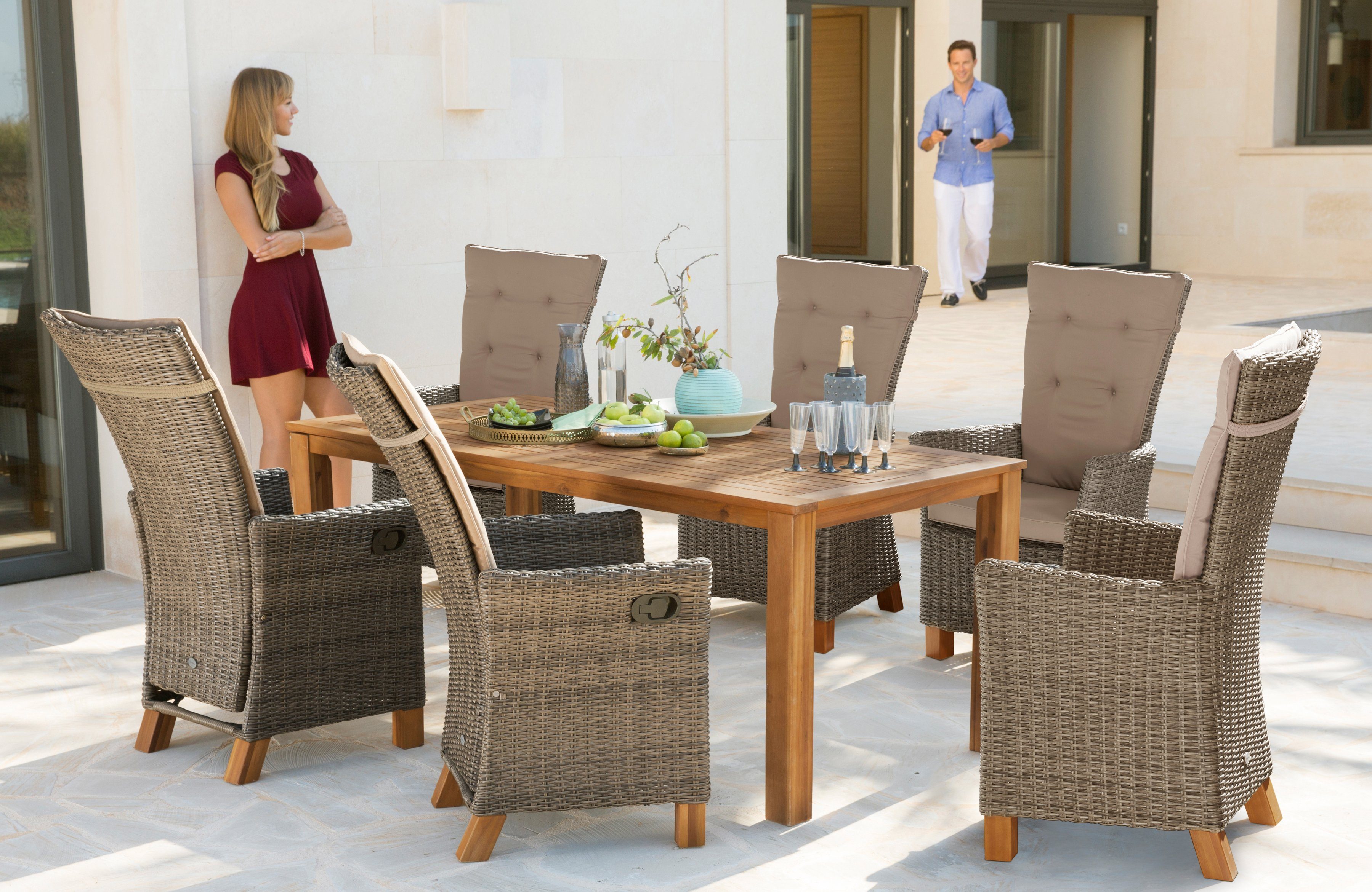 MERXX Tuin-eethoek Toskana Deluxe Aluminium, polyrotan, acaciahout FSC 100%, geschikt voor 6 personen (13-delig) tuinsets beige