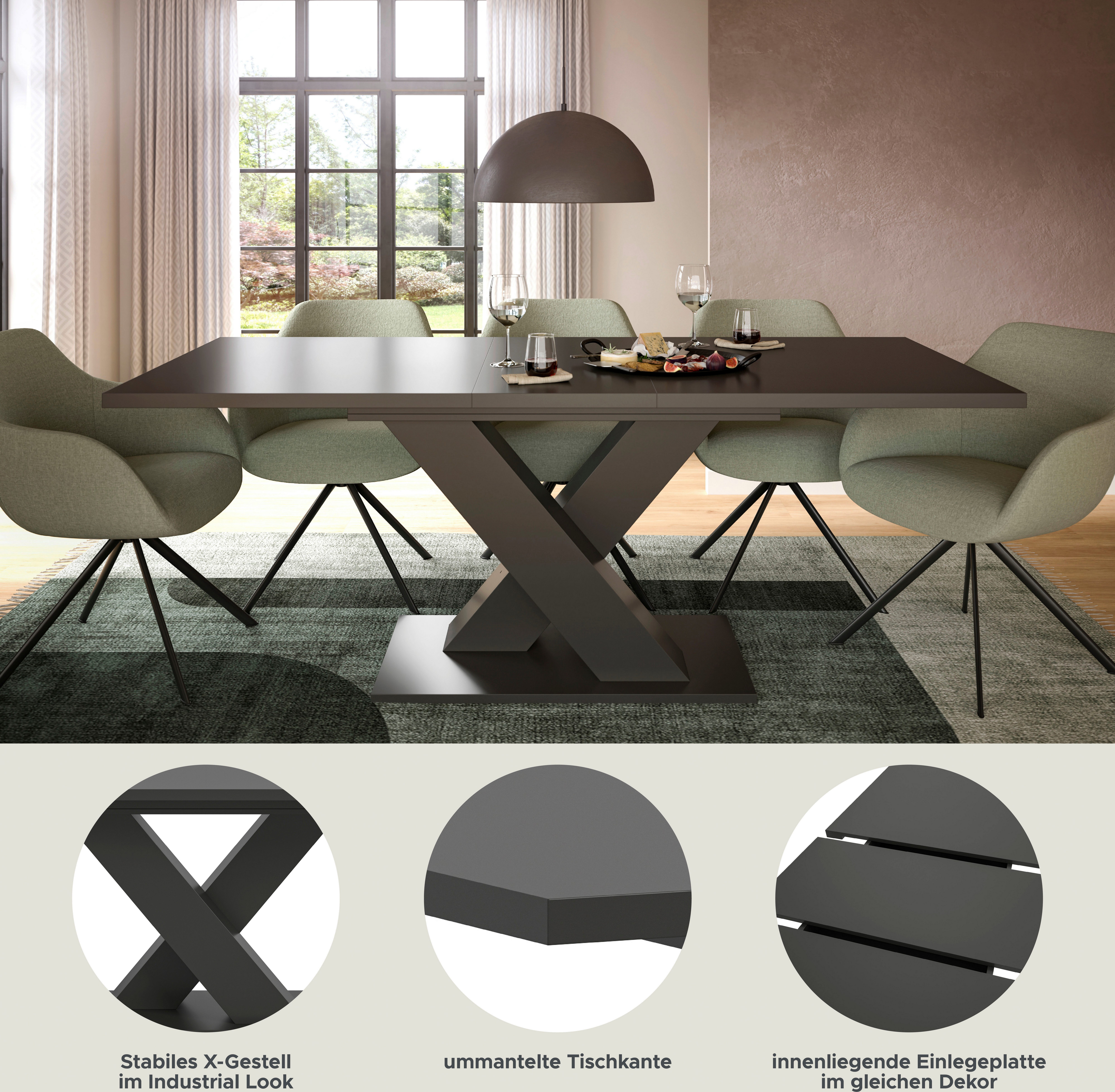 INOSIGN Eettafel Motus, uitschuifbaar 150 - 190 cm, inclusief 40 cm inlegplaat