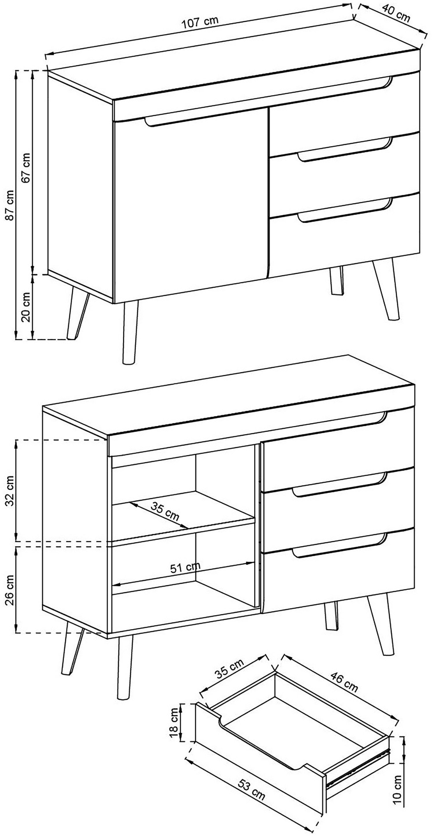 INOSIGN Dressoir Torge, dressoir, commode, ladekast afgeschuinde poten, drie kleuren, scandi design, 107 cm breed (1 stuk)