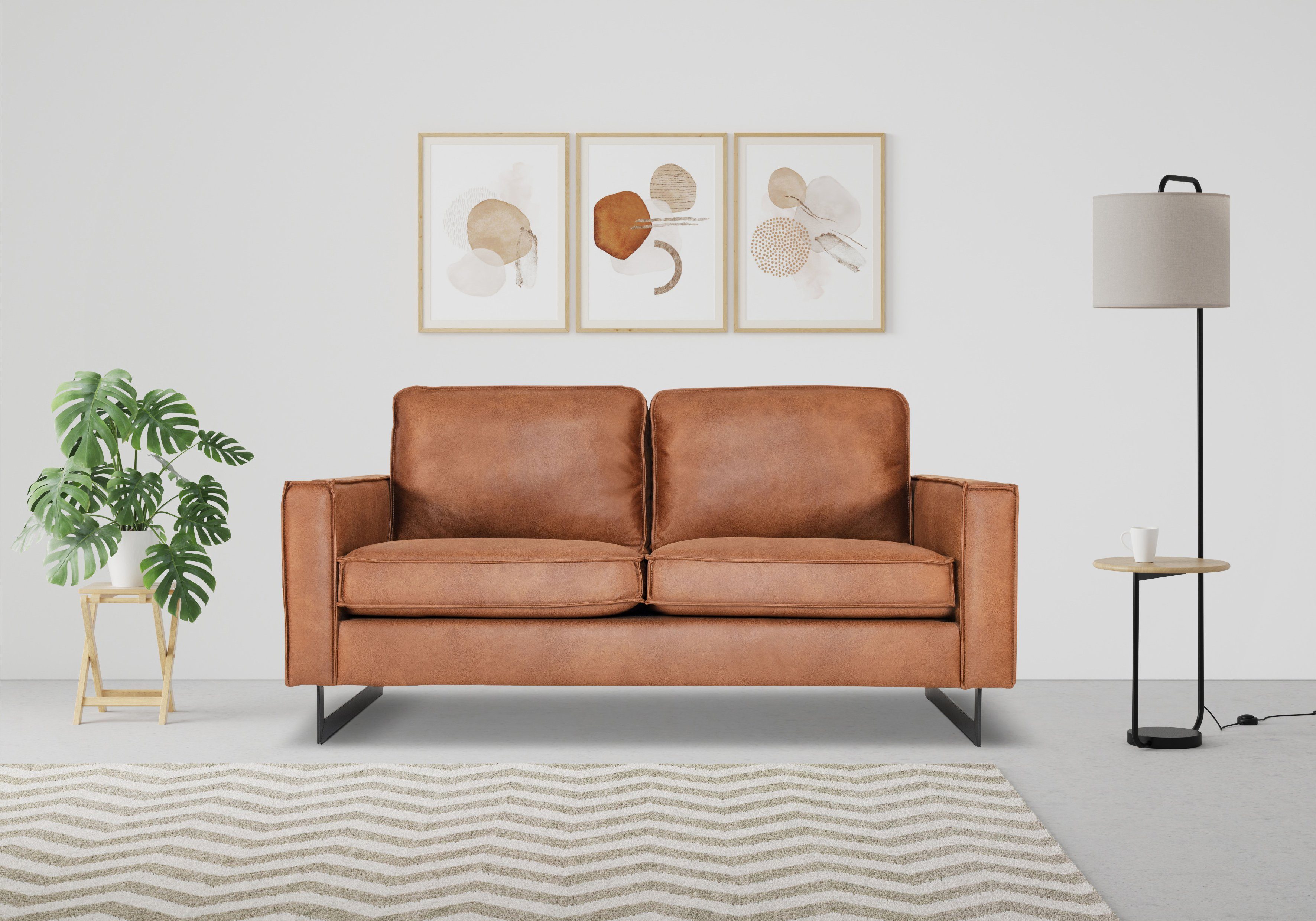 Places of Style 2-zitsbank Pinto, 166 cm, cord, chenille, leerlook met keder, zwarte metalen voeten, golfondersteuning