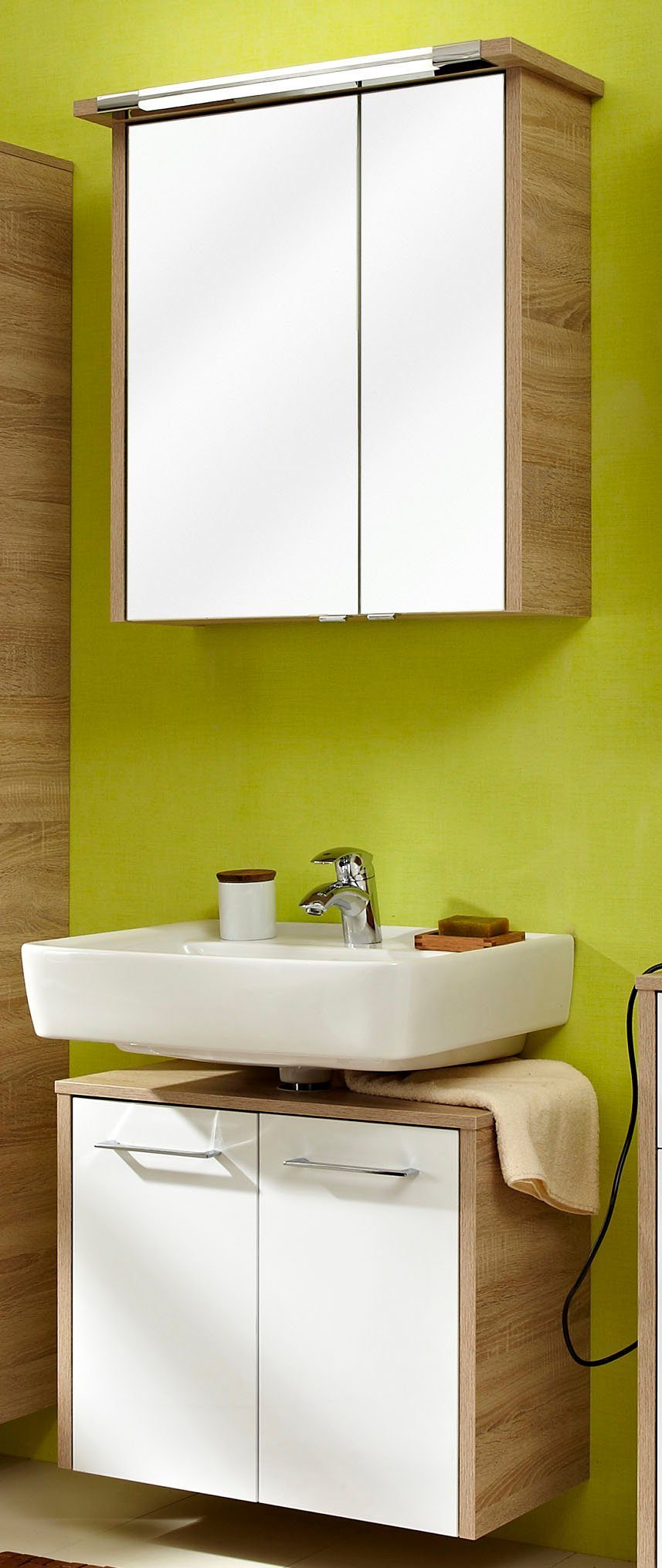 Saphir Badkamerserie Quickset 382 2-delig, wastafelonderkast met led-spiegelkast 65 cm breed, incl. deurdemper, 4 deuren, 2 legplanken, badkamer set (2-delig)