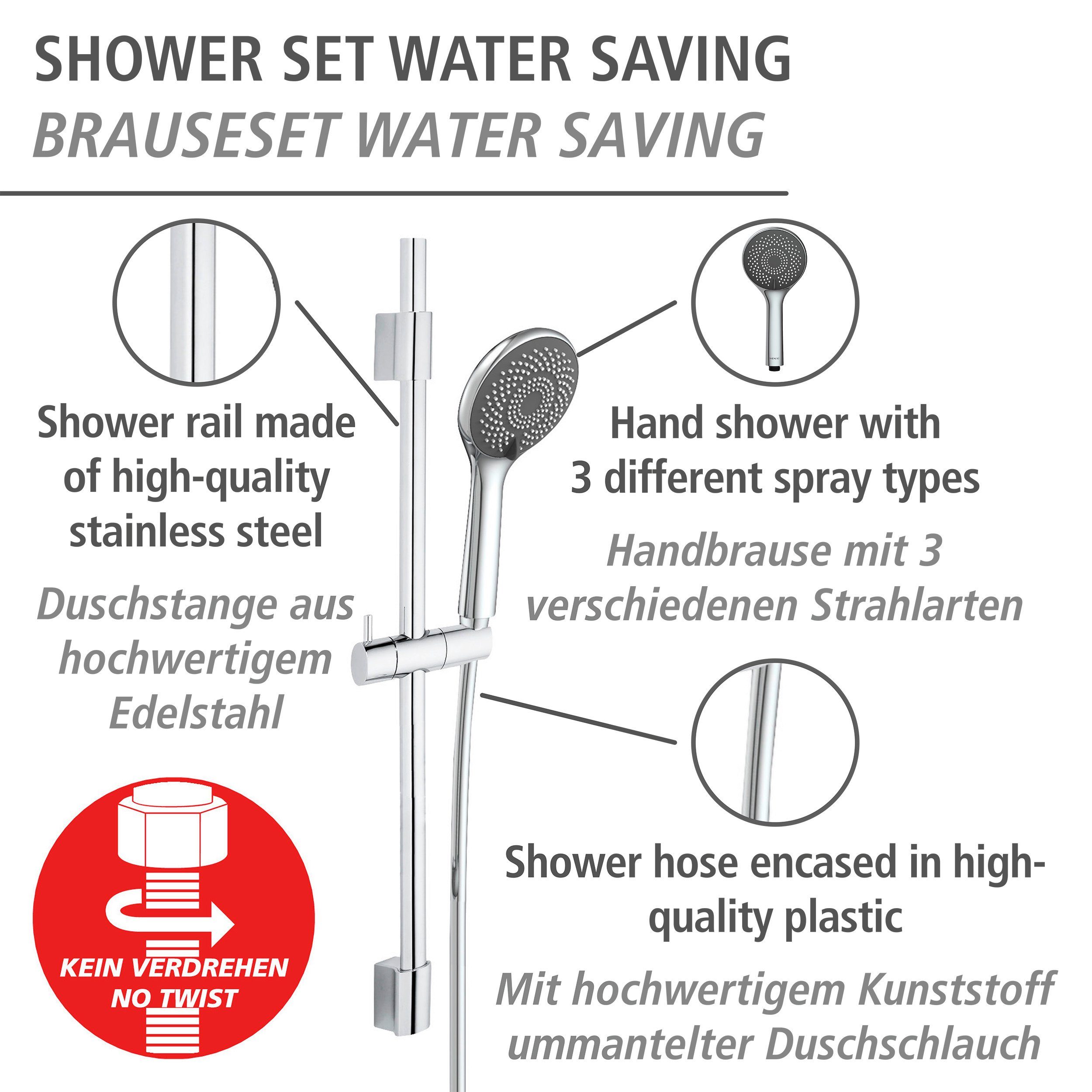 WENKO Douchestang-set Watersaving Chroom, lengte stang: 70 cm