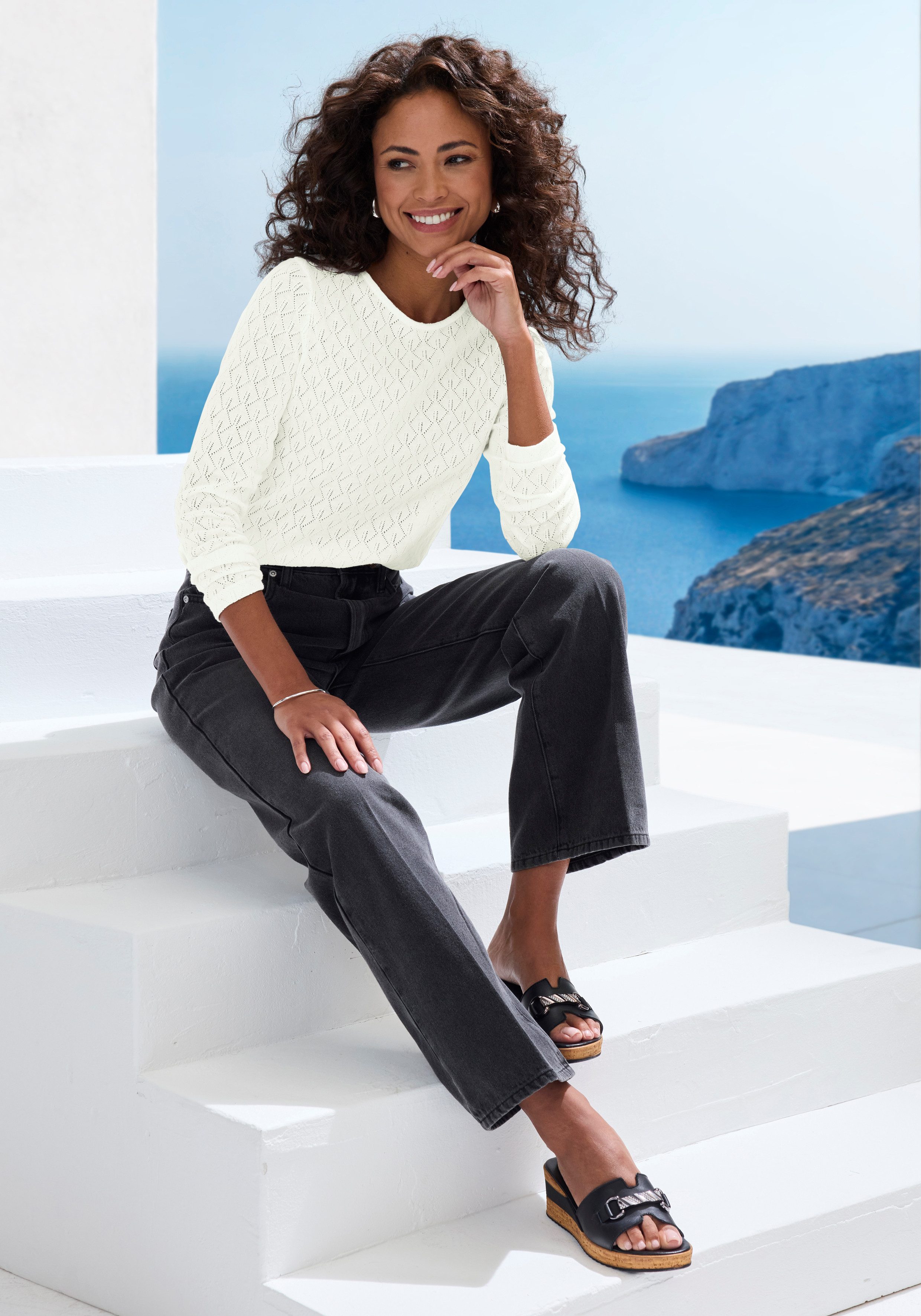 Vivance Shirt met lange mouwen Met modieus ajourpatroon (2-delig, Set van 2)