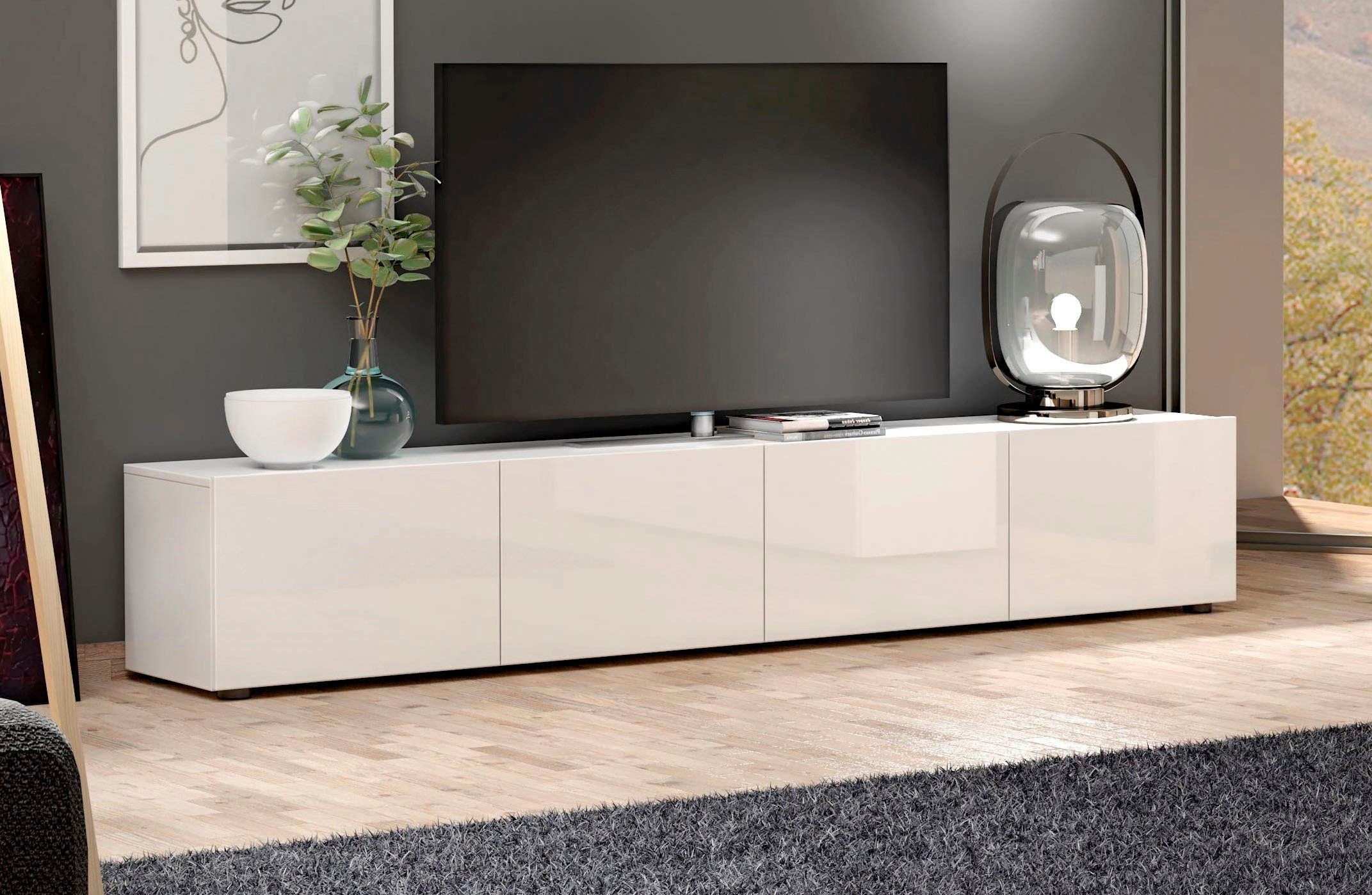 INOSIGN Tv-meubel Mister, TV-meubel, TV-bank, TV-kast, TV-meubels met 4 kleppen, volledig hoogglans gelakt, breedte 225 cm