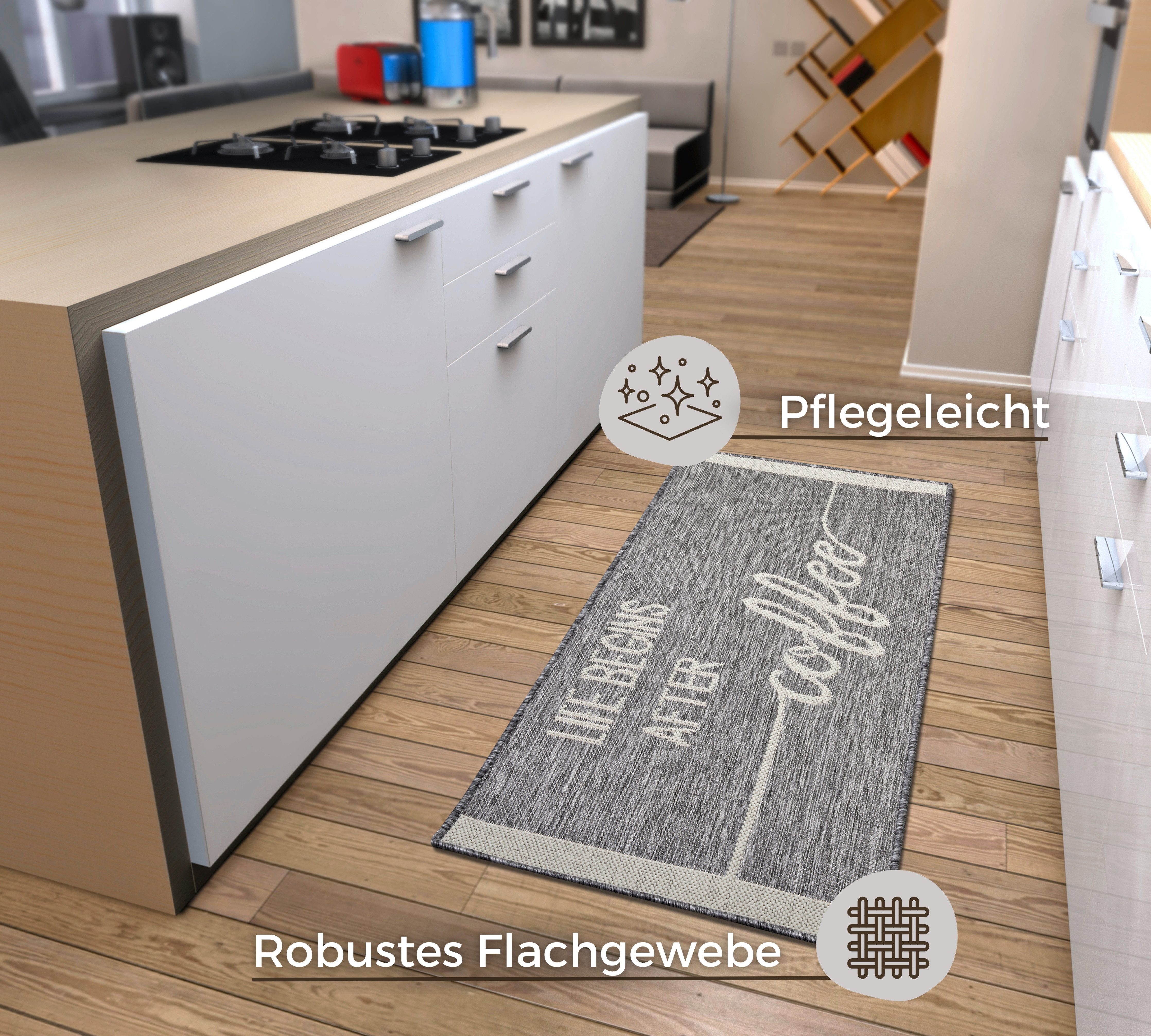 HANSE Home Keukenloper Life Begins After Coffee Loper, antislip, keukenkleed, keuken, vloerkleed, gemakkelijk in onderhoud